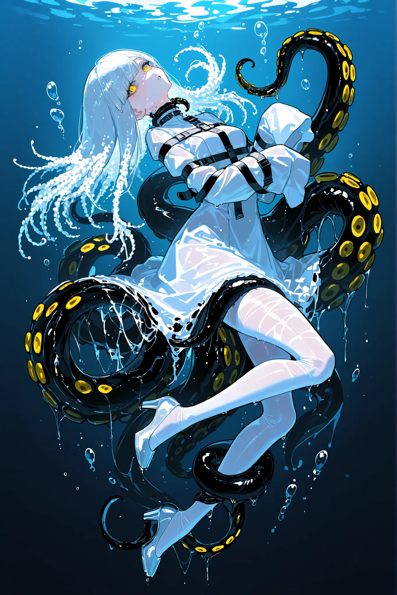 Monster girl octopus or a kraken. She has jet-black ,wet, glossy skin. she has a grills on her neck. She has four yellow eyes with a horizontal pupil. She has longest black tentacle hairstyle, tentacles of her bangs are wriggling in the water. She has a te...