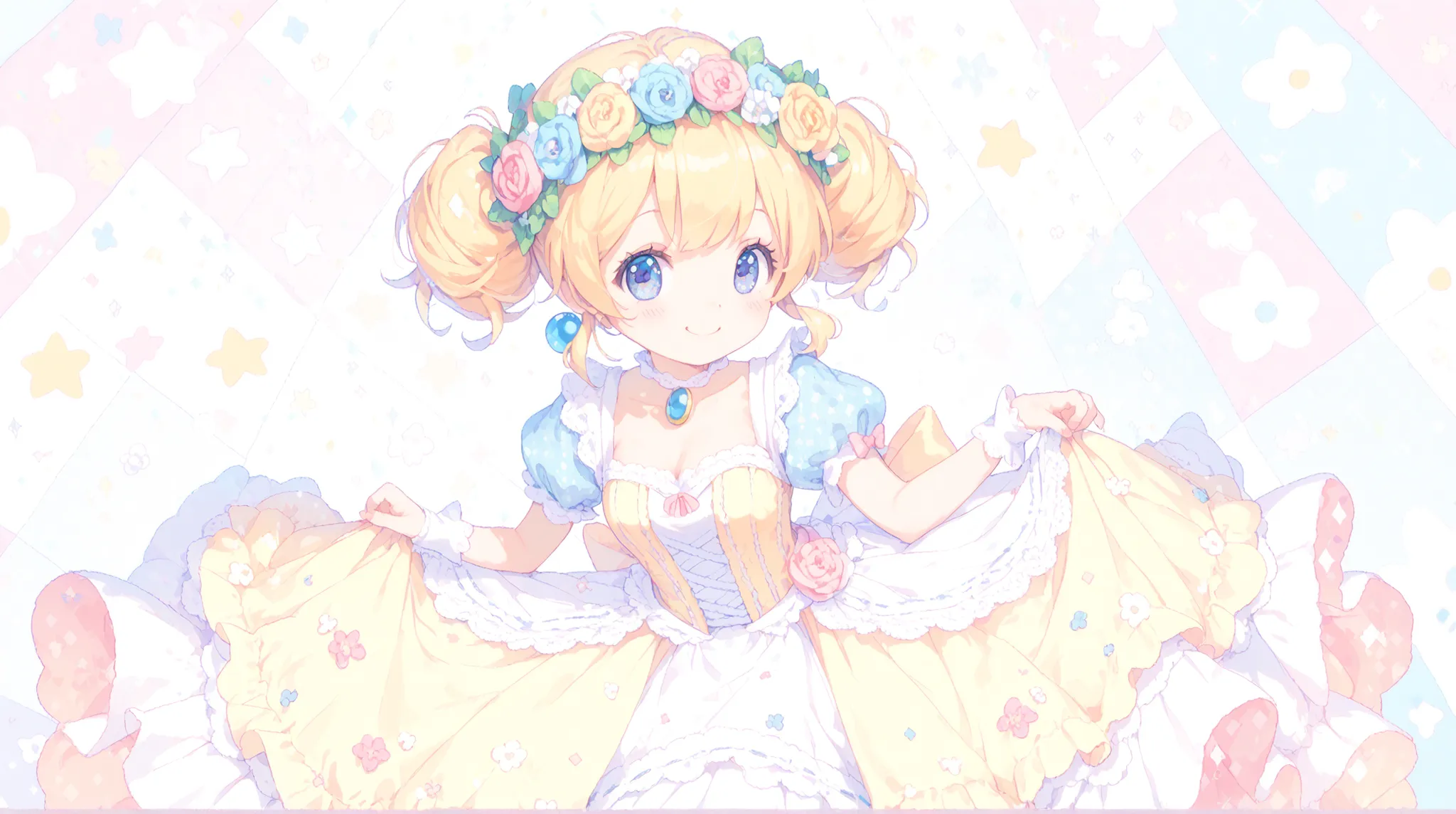 top quality, masterpiece, like the picture, Cute Dirndl, Flower Crown Girl, Adorable Smile, Fluffy Skirt, pastel colors, Sparkly Background, Pop Decorations , Dot pattern, Luigi