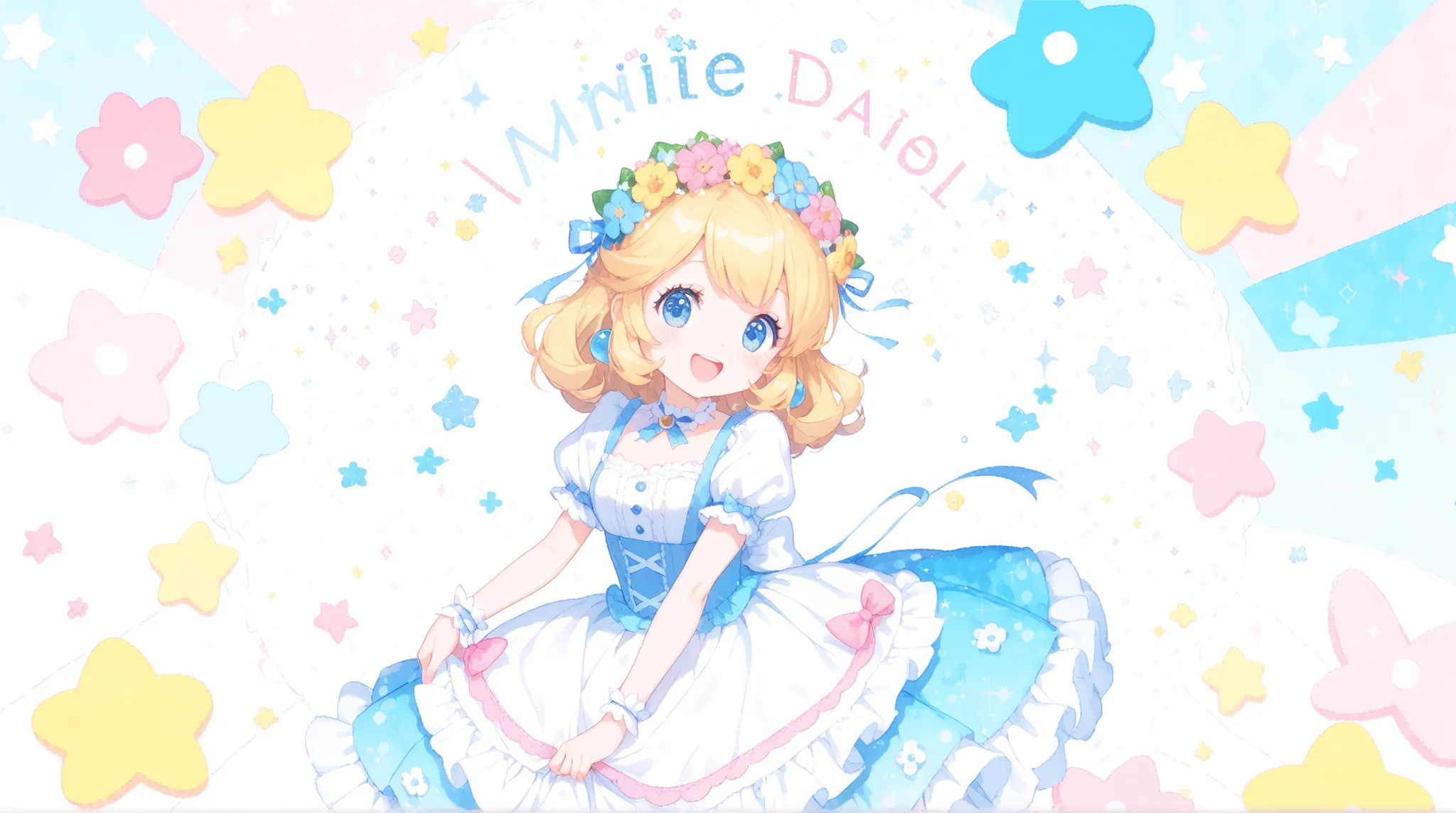 top quality, masterpiece, like the picture, Cute Dirndl, Flower Crown Girl, Adorable Smile, Fluffy Skirt, pastel colors, Sparkly Background, Pop Decorations , Dot pattern, Luigi