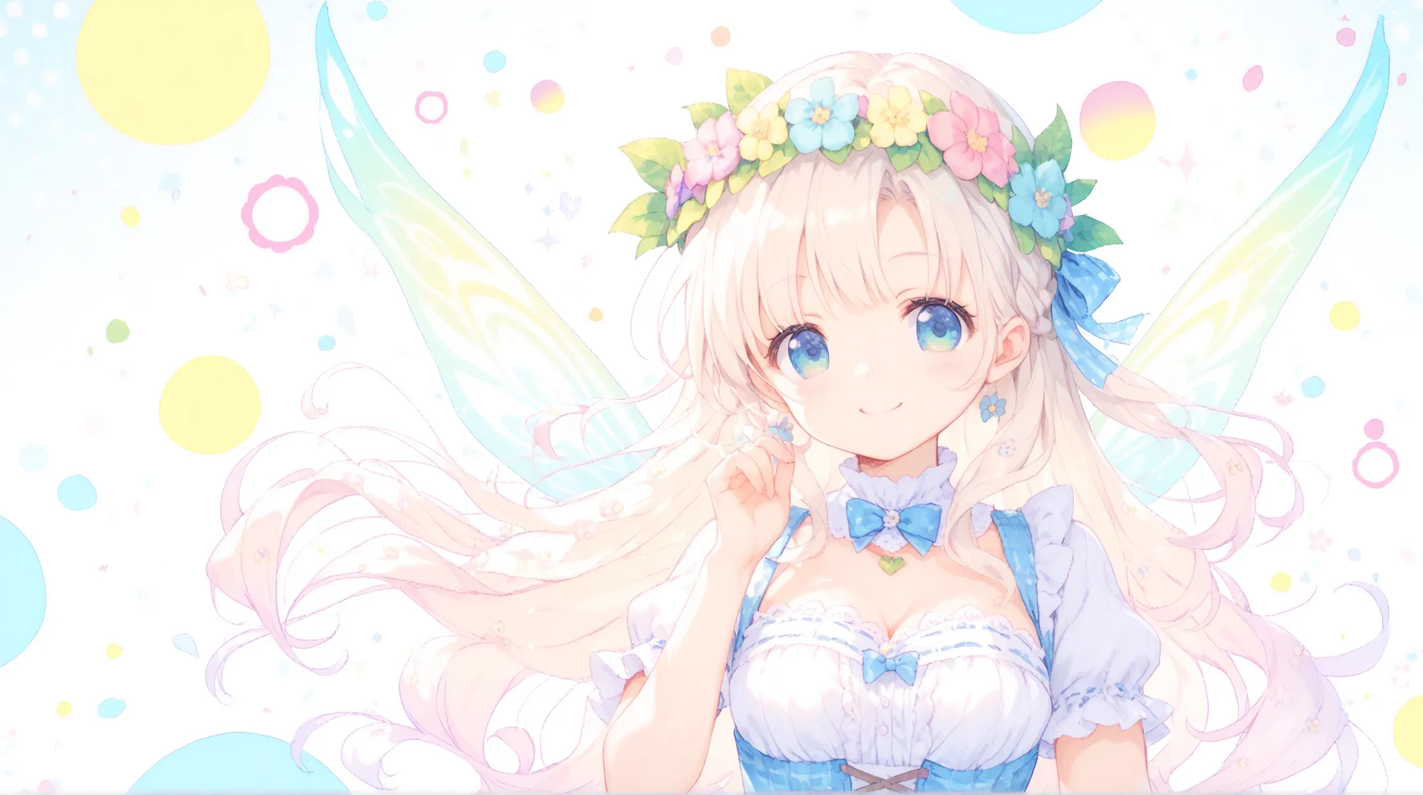 ultimate image quality, perfect depiction, cute dirndl, spring flower crown, innocent smile you'll love, fluffy atmosphere, colorful dots, fairy tale background, Yume cute
