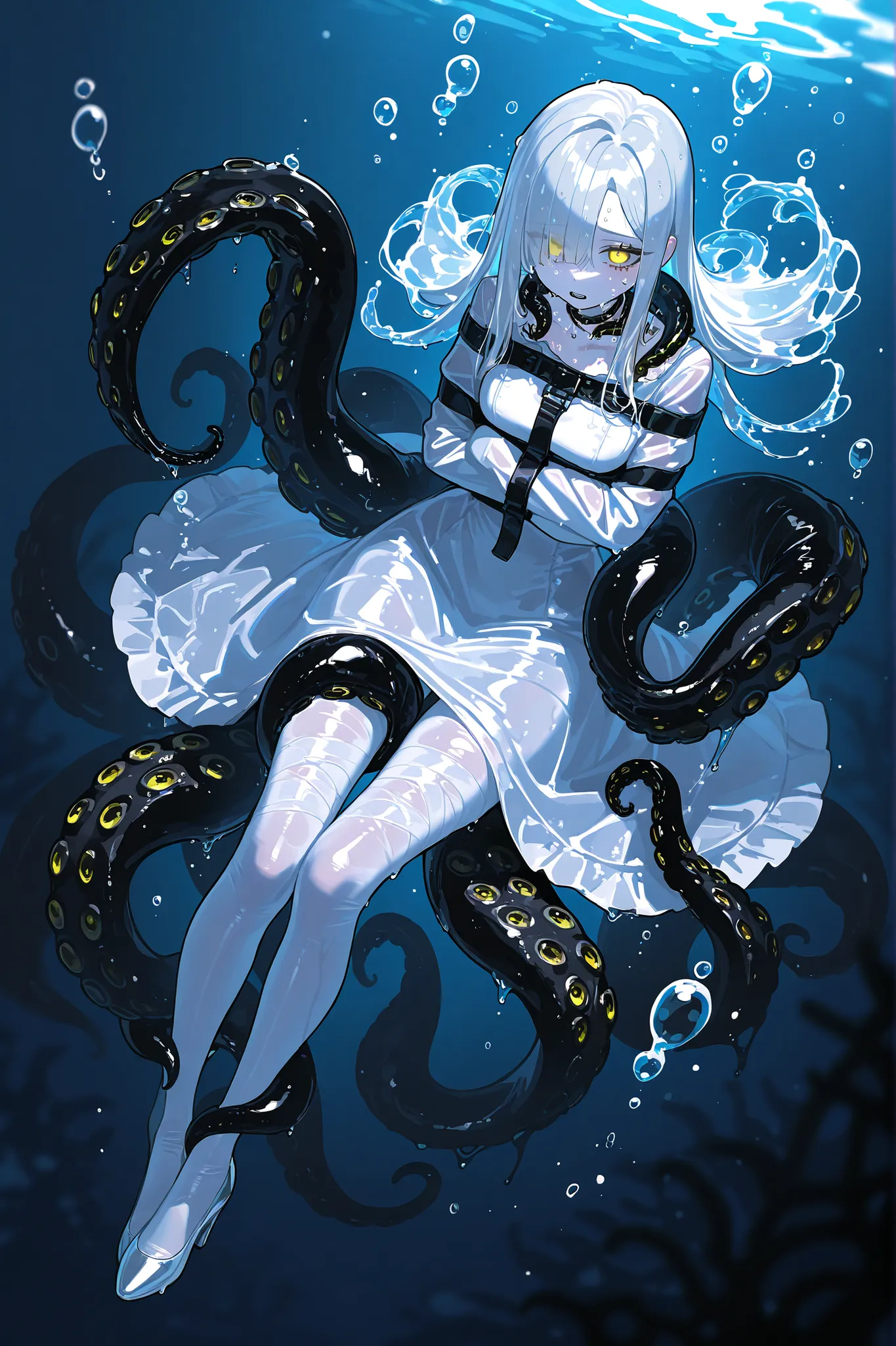 Monster girl octopus or a kraken. She has jet-black ,wet, glossy skin. she has a grills on her neck. She has four yellow eyes with a horizontal pupil. She has longest black tentacle hairstyle, tentacles of her bangs are wriggling in the water. She has a te...