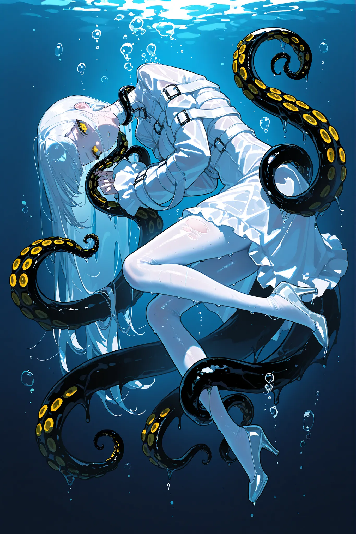 Monster girl octopus or a kraken. She has jet-black ,wet, glossy skin. she has a grills on her neck. She has four yellow eyes with a horizontal pupil. She has longest black tentacle hairstyle, tentacles of her bangs are wriggling in the water. She has a te...