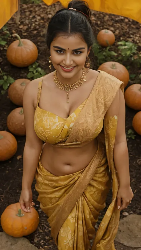 night scene, extreme close up photo of sexy indian from top view, big cheeks, curvy, hourglass figure, swooping breasts, deep cleavage, open arms, sexy armpits, nipples, navel, erotic standing on big pumpkins with wide open spread legs, ponytail, necklace,...