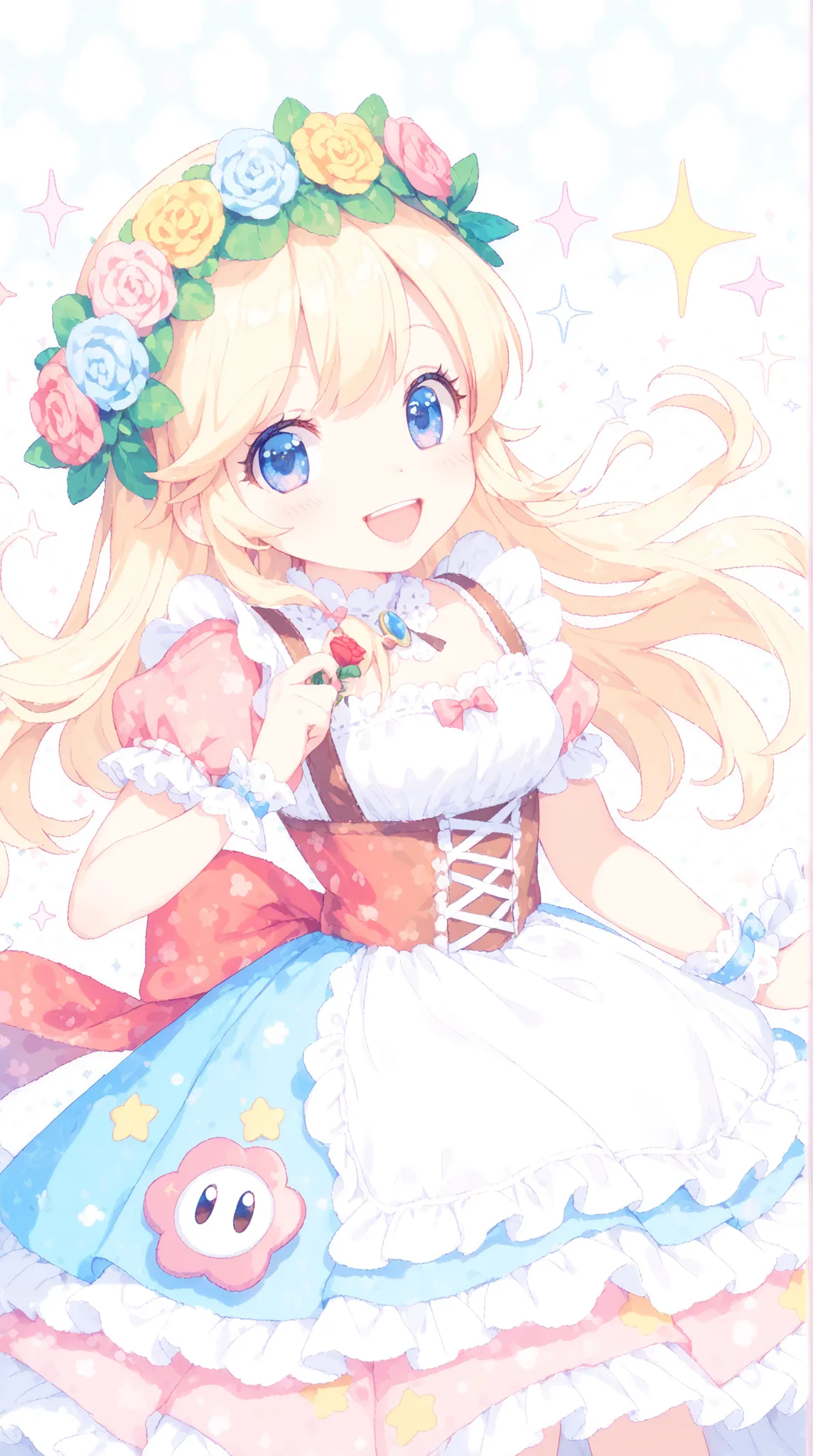 top quality, masterpiece, like the picture, Cute Dirndl, Flower Crown Girl, Adorable Smile, Fluffy Skirt, pastel colors, Sparkly Background, Pop Decorations , Dot pattern, Luigi