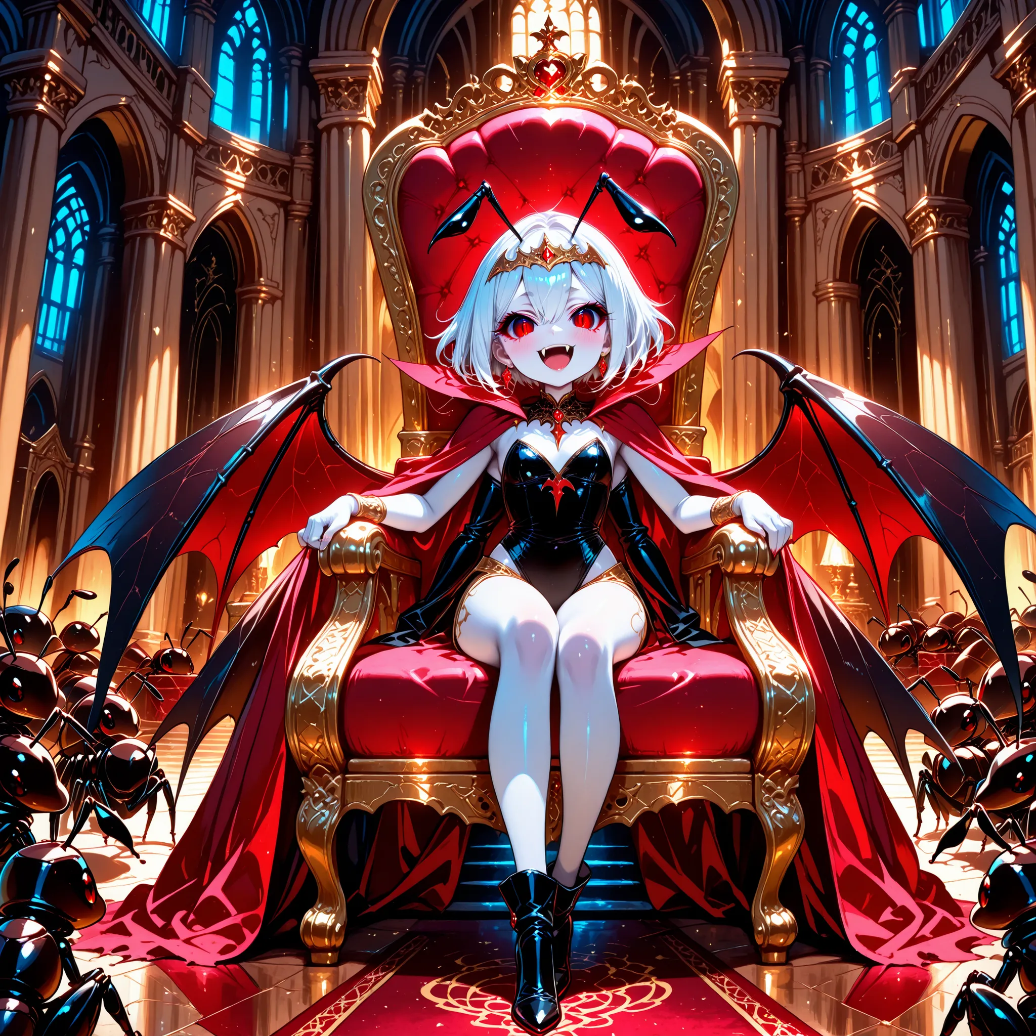 Very High resolution,cute anime-style,masterpiece,best quality,amazing quality,hyper-detailed,very aesthetic,A luxurious palace,Throne room,A female ant queen vampire,Sitting leisurely on her throne,Facing forward,White skin,White hair,Black ant antennae,A...