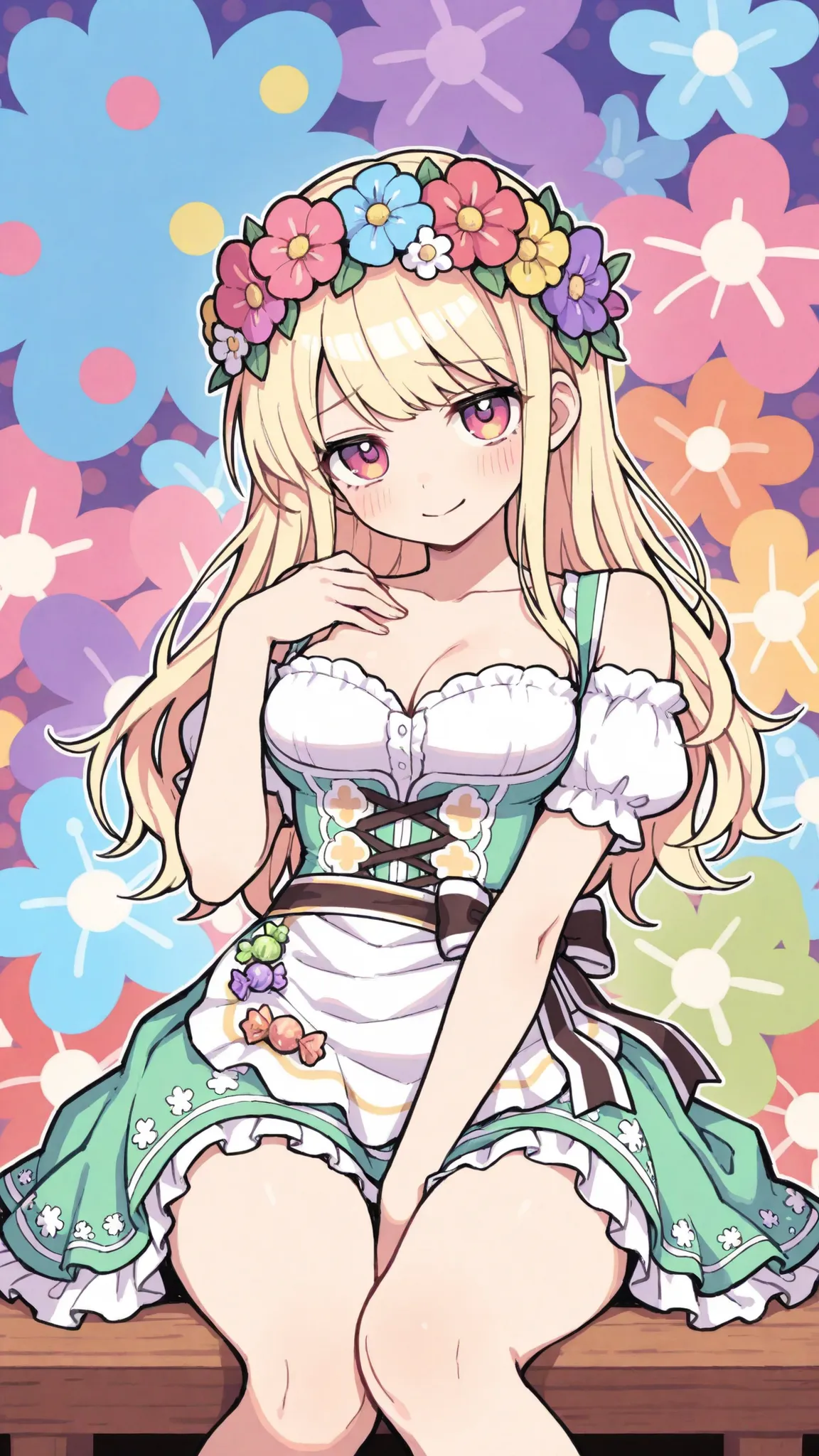 Ultra High Definition, Masterpiece, perfect detail, fairytale dirndl, colorful flower crown, has a charming expression, Fluffy ribbon, Polka Dots, fantastic background, candy color