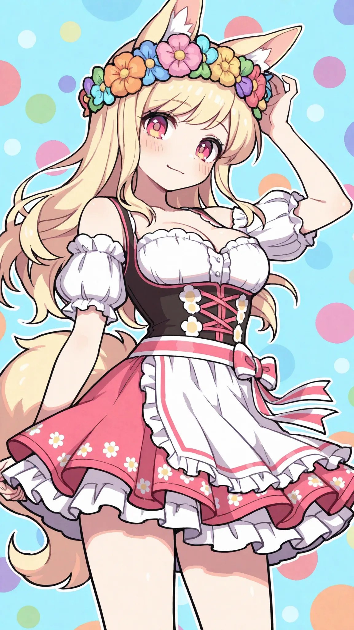 Ultra High Definition, Masterpiece, perfect detail, fairytale dirndl, colorful flower crown, has a charming expression, Fluffy ribbon, Polka Dots, fantastic background, candy color