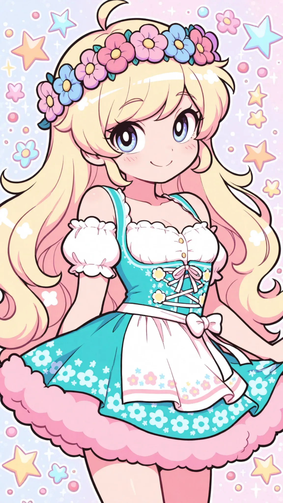 top quality, masterpiece, like the picture, Cute Dirndl, Flower Crown Girl, Adorable Smile, Fluffy Skirt, pastel colors, Sparkly Background,  Pop Decorations , Dot pattern, Luigi