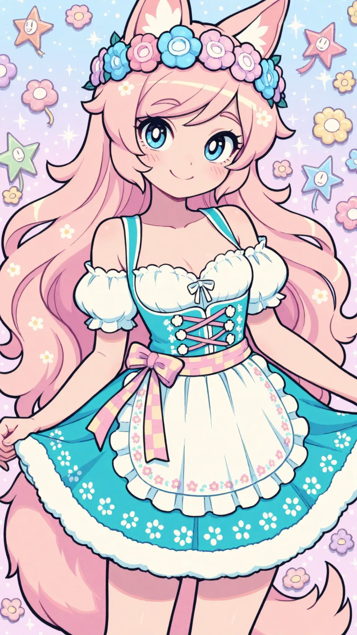 top quality, masterpiece, like the picture, Cute Dirndl, Flower Crown Girl, Adorable Smile, Fluffy Skirt, pastel colors, Sparkly Background,  Pop Decorations , Dot pattern, Luigi