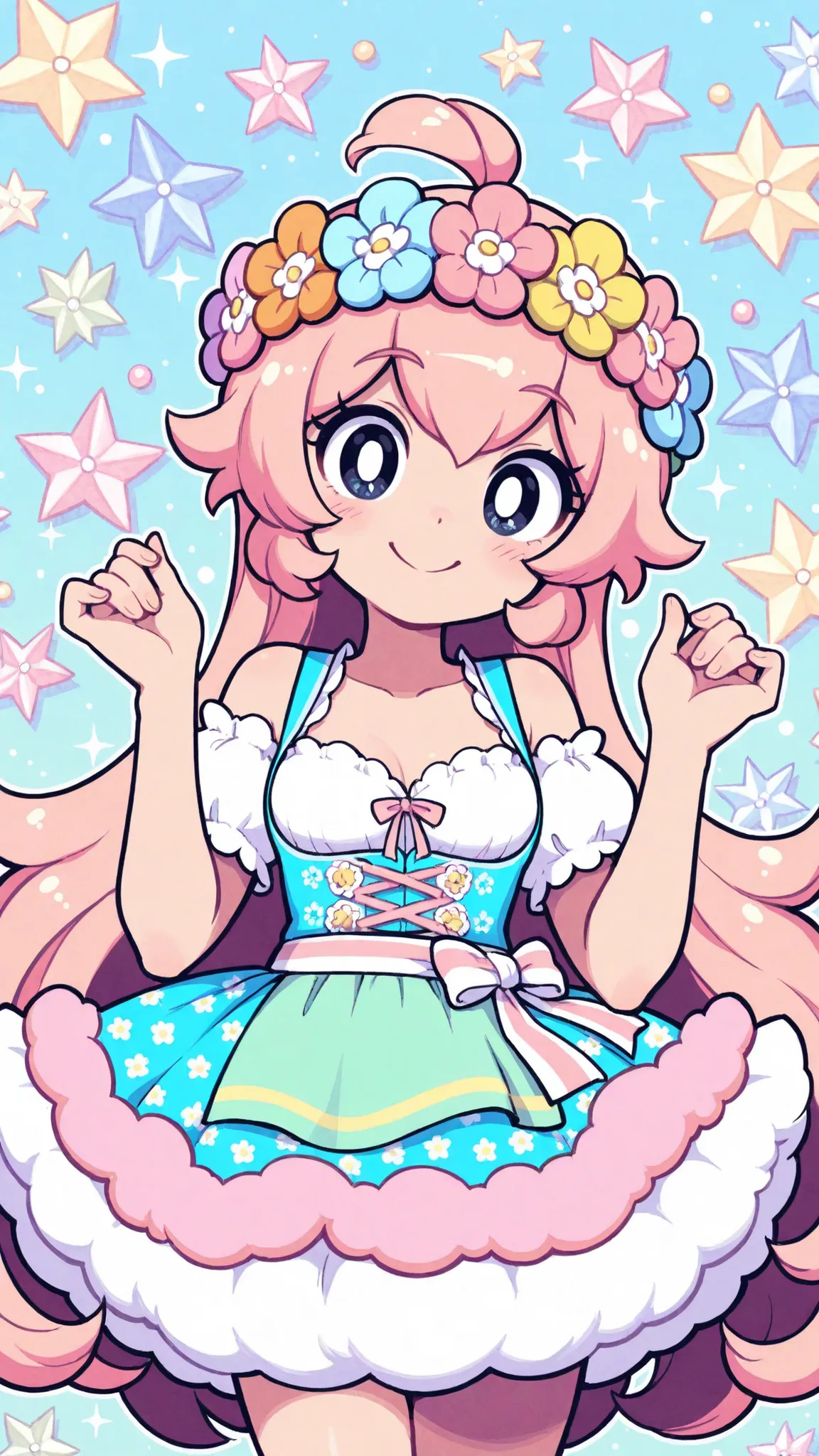 top quality, masterpiece, like the picture, Cute Dirndl, Flower Crown Girl, Adorable Smile, Fluffy Skirt, pastel colors, Sparkly Background,  Pop Decorations , Dot pattern, Luigi