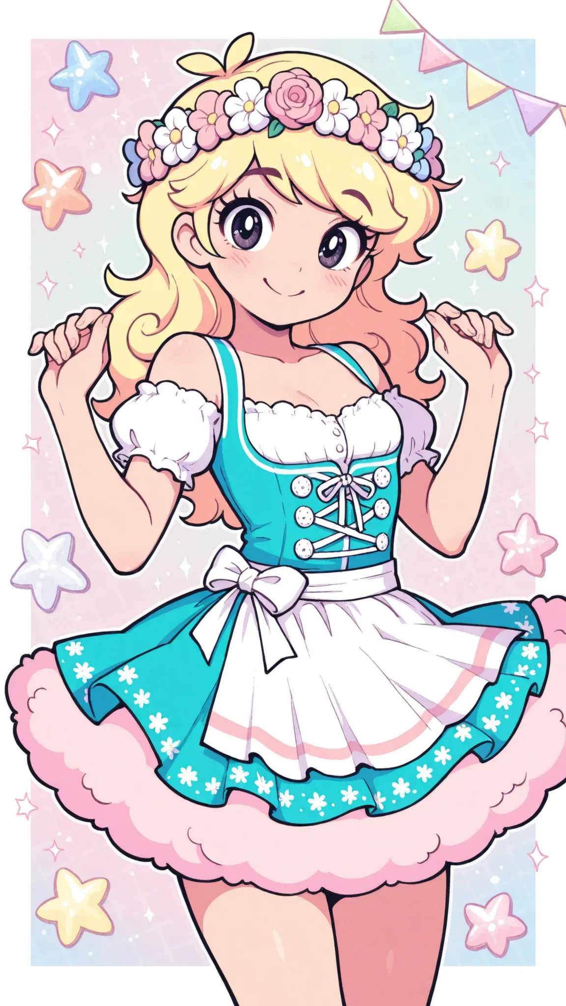 top quality, masterpiece, like the picture, Cute Dirndl, Flower Crown Girl, Adorable Smile, Fluffy Skirt, pastel colors, Sparkly Background,  Pop Decorations , Dot pattern, Luigi