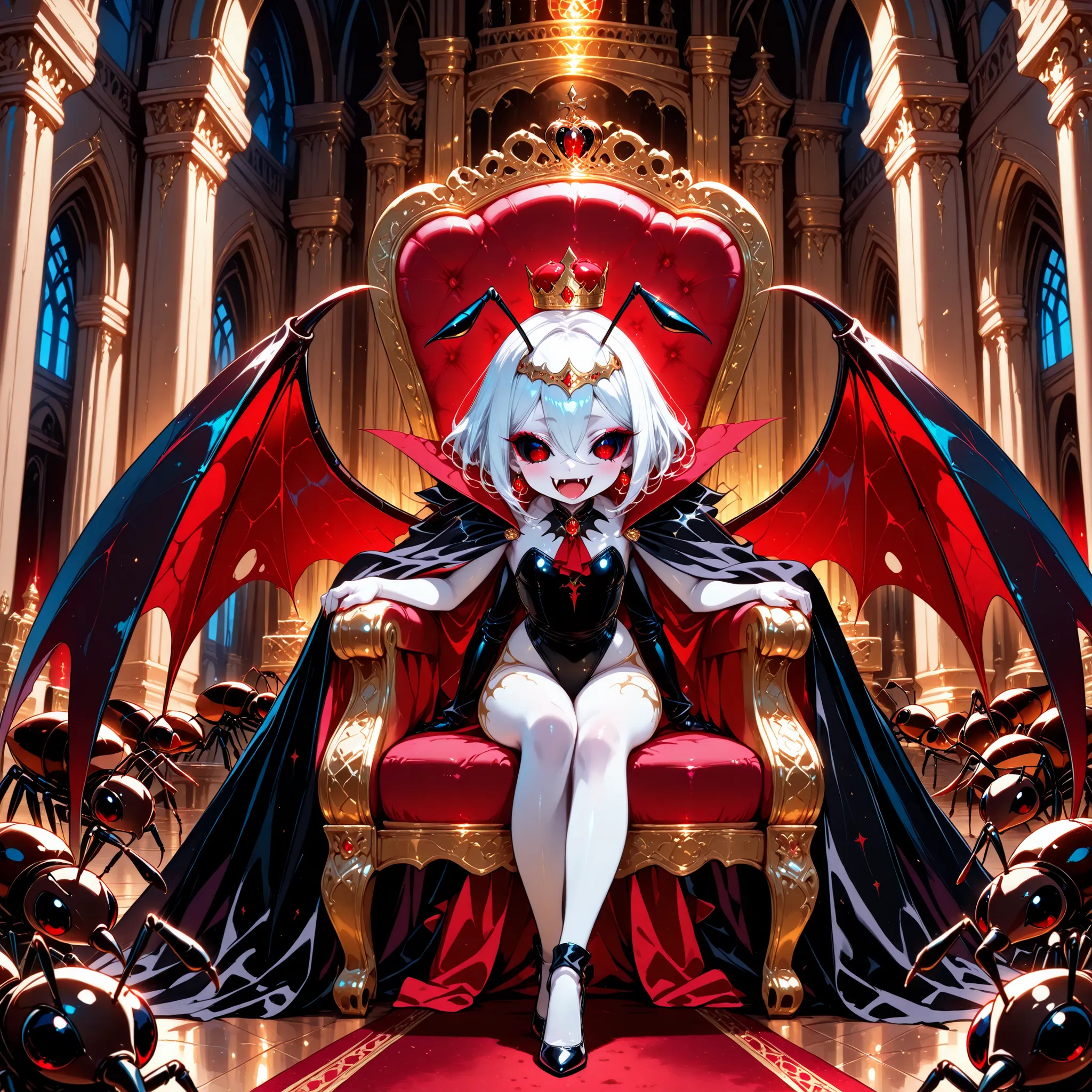 Very High resolution,cute anime-style,masterpiece,best quality,amazing quality,hyper-detailed,very aesthetic,A luxurious palace,Throne room,A female ant queen vampire,Sitting leisurely on her throne,Facing forward,White skin,White hair,Black ant antennae,A...