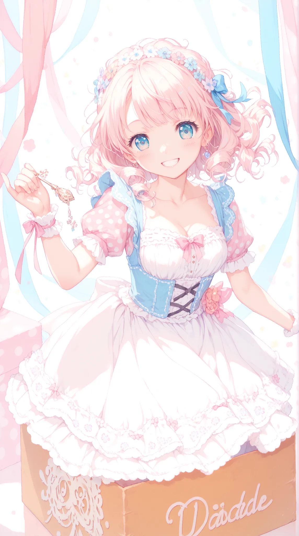 artistic, Ultra High Definition, cute dirndl girl, Ornate Floral Ornaments , bursting with a smile, loose fluffy hair, pop polka dot, dreamy background, pastel tones standing on a box