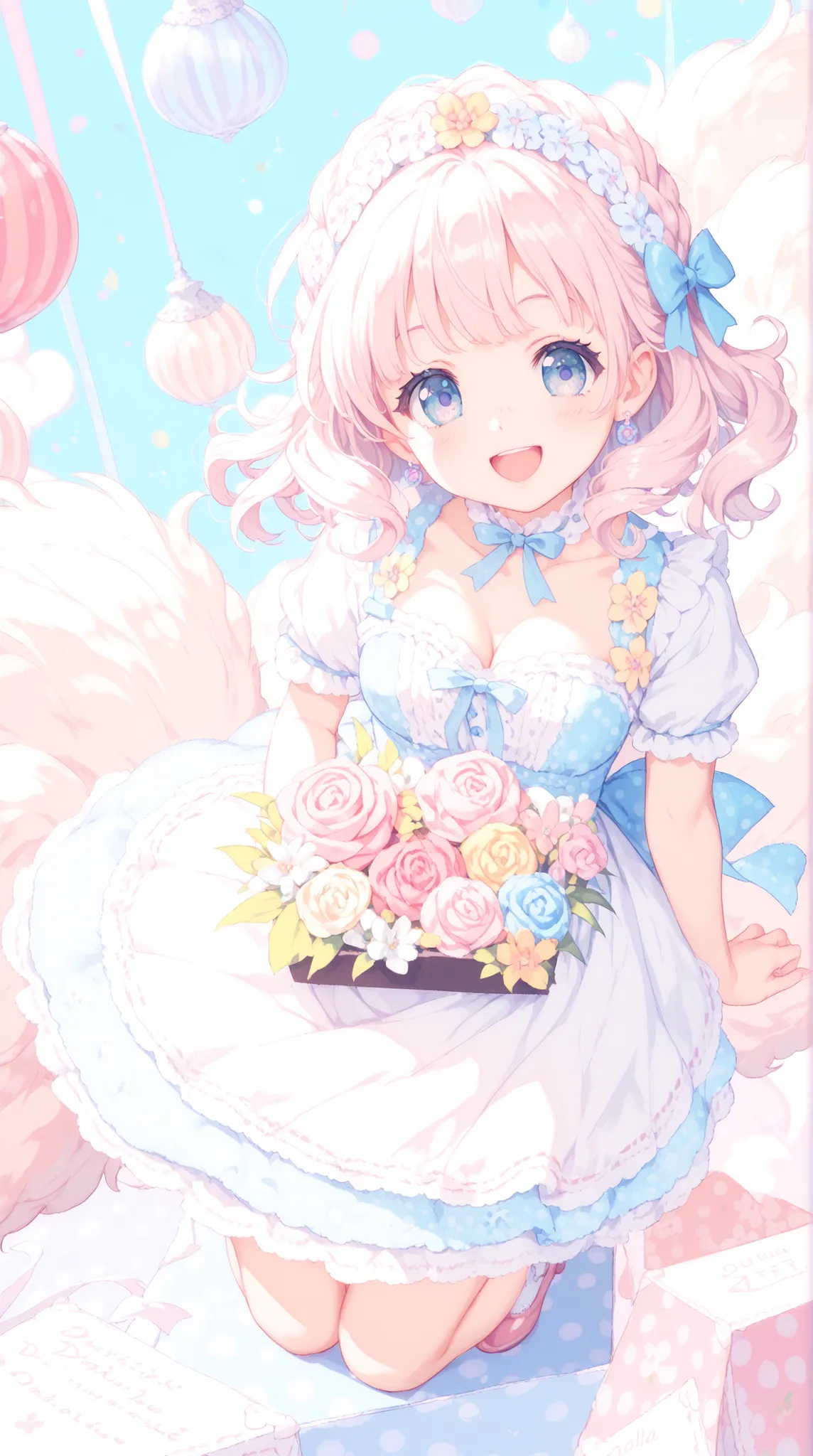 artistic, Ultra High Definition, cute dirndl girl, Ornate Floral Ornaments , bursting with a smile, loose fluffy hair, pop polka dot, dreamy background, pastel tones standing on a box