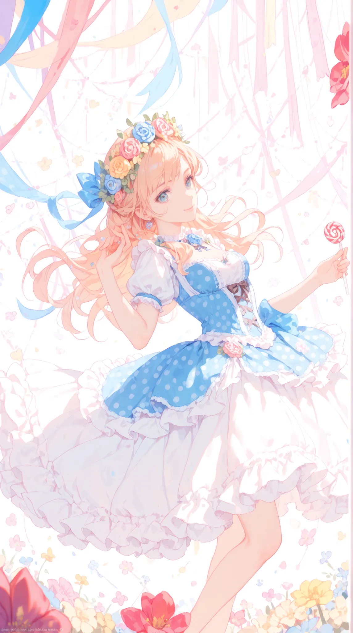 Ultra High Definition, Masterpiece, perfect detail, fairytale dirndl, colorful flower crown, has a charming expression, Fluffy ribbon, Polka Dots, fantastic background, candy color