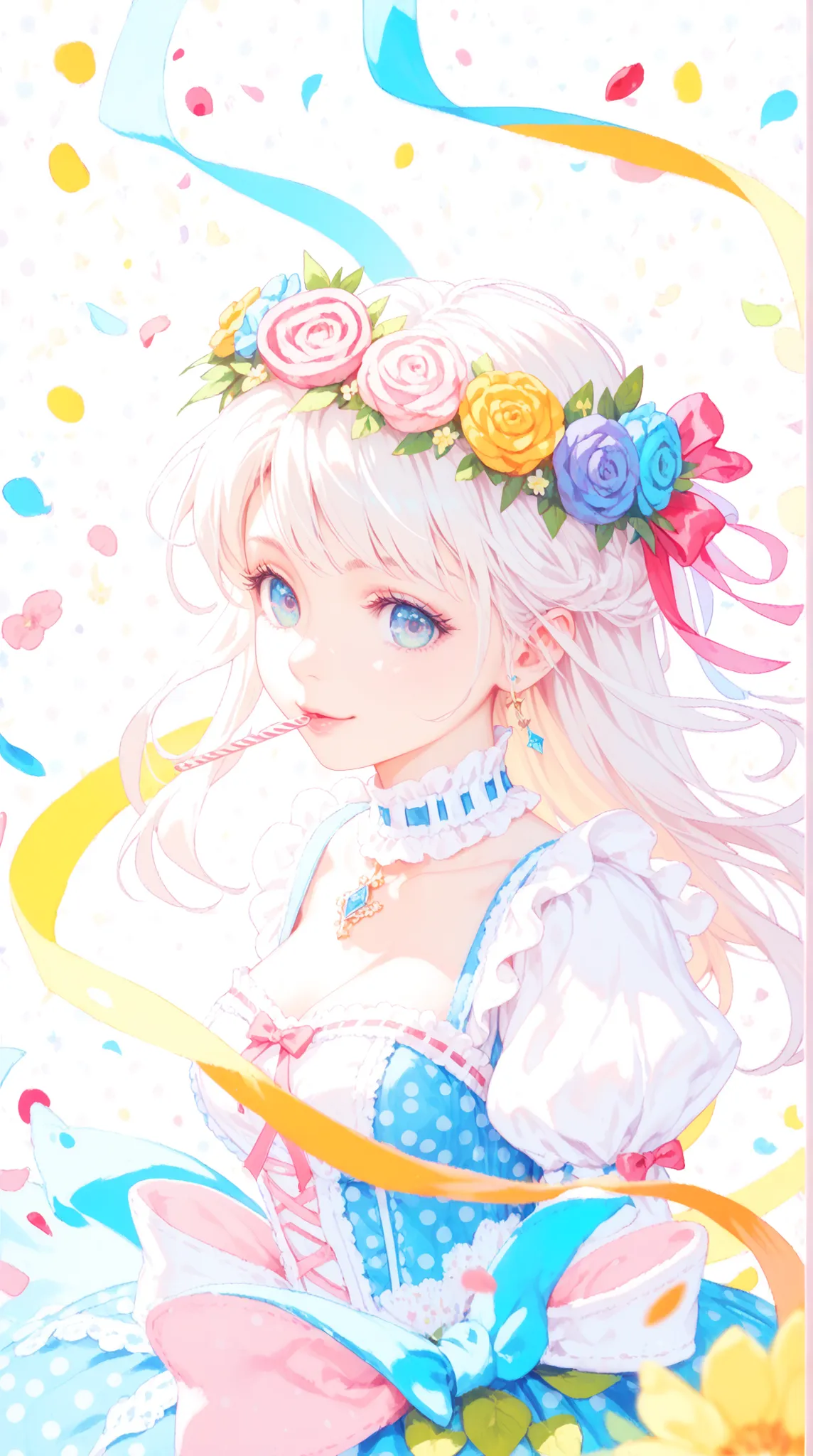 Ultra High Definition, Masterpiece, perfect detail, fairytale dirndl, colorful flower crown, has a charming expression, Fluffy ribbon, Polka Dots, fantastic background, candy color