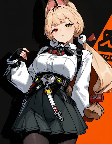 ((solo)), (zenless zone zero), maximum masterpiece, maximum top quality, high fashion, absurdres extremely, close up, HDR, intricate details, very cute face, vivid colors, commentary, flawless smooth skin, curvy beauty body, very cute girl, animal ears, blonde hair, braid, bangs, hair ornament, low twintails, tail,heterochromia, alice, 1girl, skirt, black gloves, fingerless gloves, black pantyhose, pleated skirt, long sleeves, low-tied long hair, shoes, white shirt, cowboy shot
