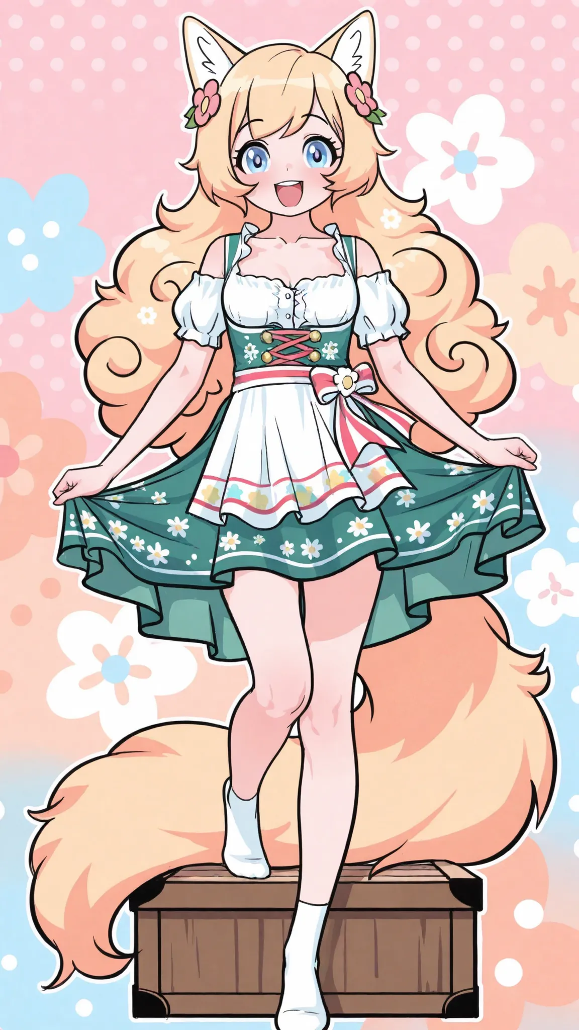 artistic, Ultra High Definition, cute dirndl girl, Ornate Floral Ornaments ,  bursting with a smile, loose fluffy hair, pop polka dot, dreamy background, pastel tones standing on a box