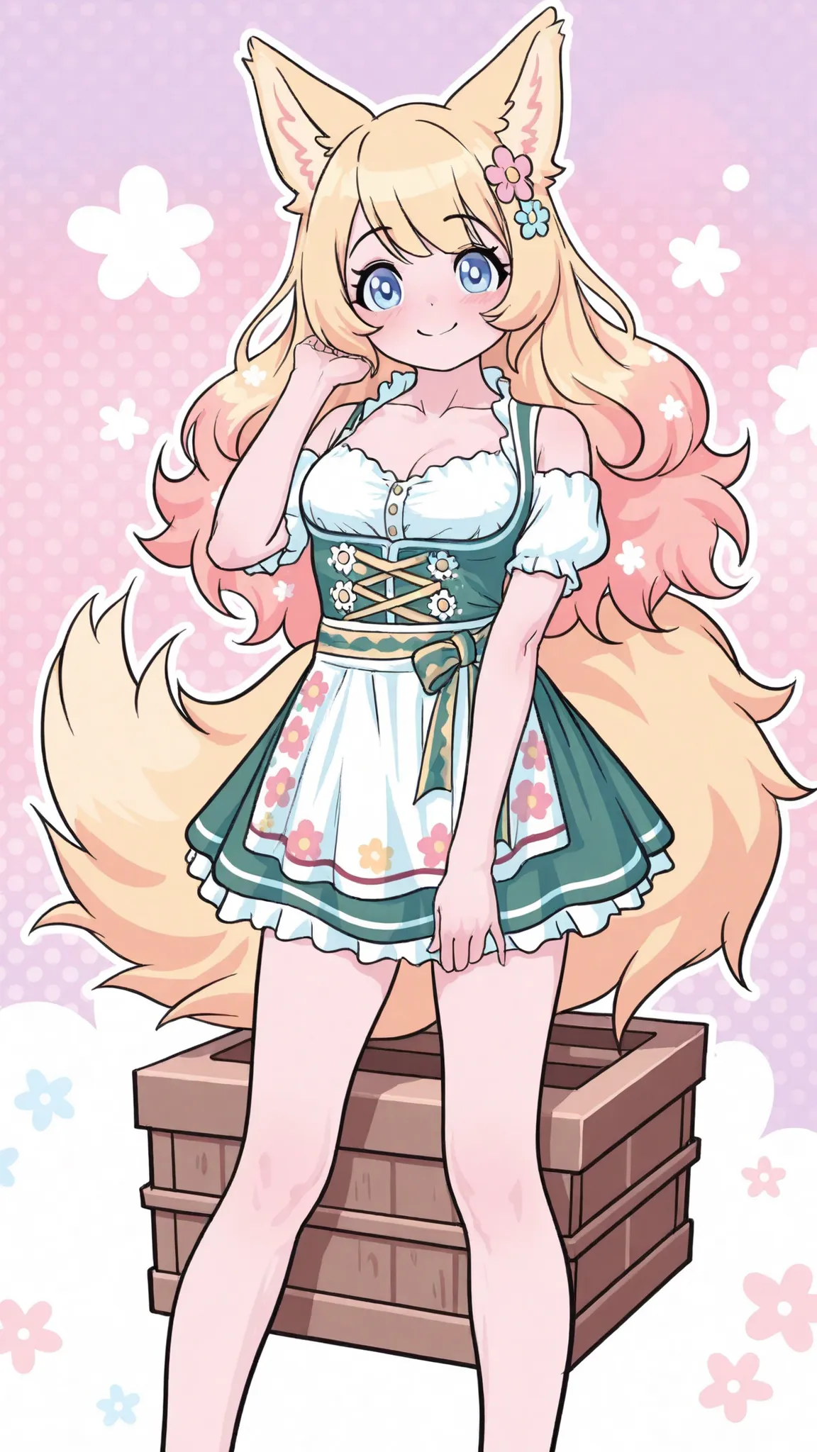 artistic, Ultra High Definition, cute dirndl girl, Ornate Floral Ornaments ,  bursting with a smile, loose fluffy hair, pop polka dot, dreamy background, pastel tones standing on a box