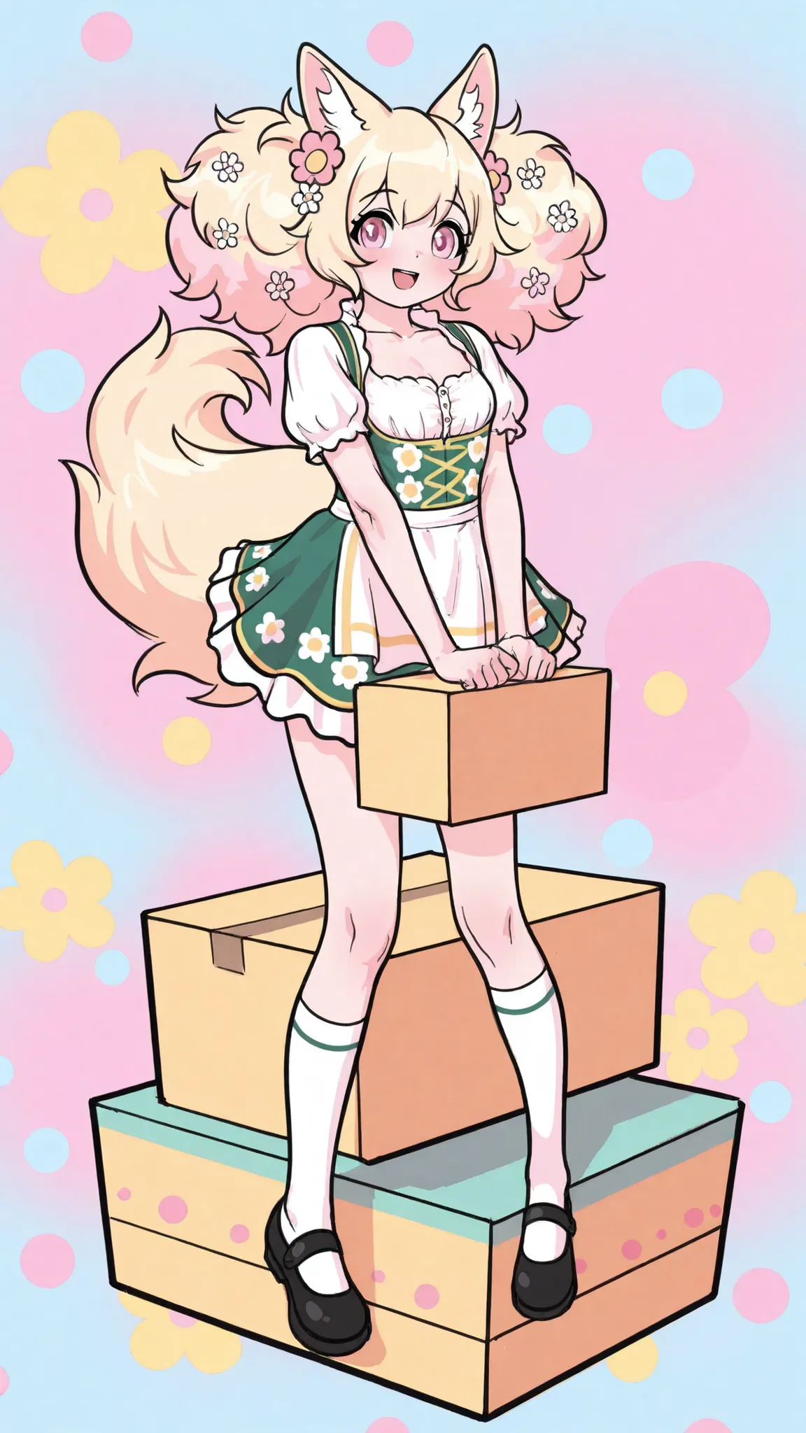 artistic, Ultra High Definition, cute dirndl girl, Ornate Floral Ornaments ,  bursting with a smile, loose fluffy hair, pop polka dot, dreamy background, pastel tones standing on a box