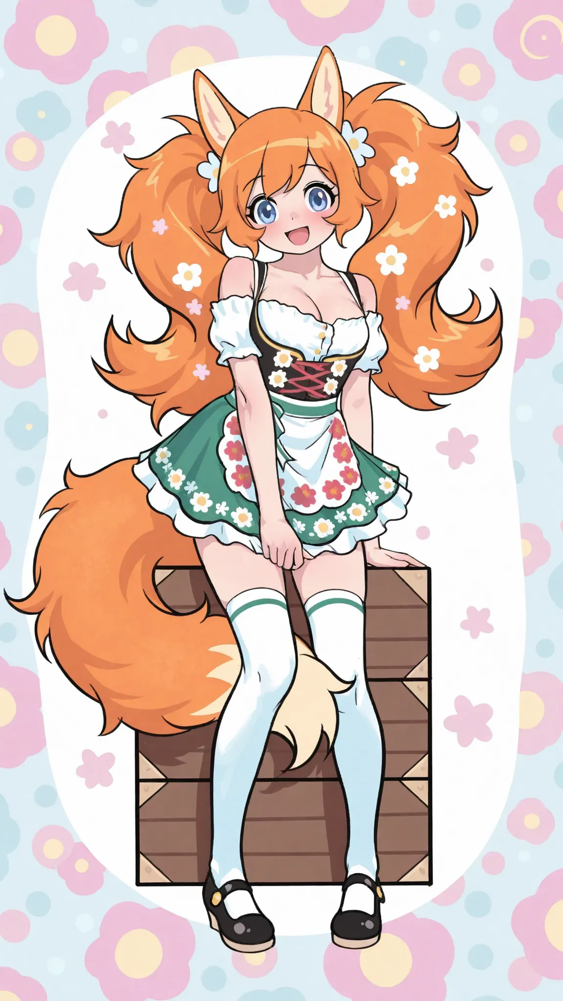 artistic, Ultra High Definition, cute dirndl girl, Ornate Floral Ornaments ,  bursting with a smile, loose fluffy hair, pop polka dot, dreamy background, pastel tones standing on a box