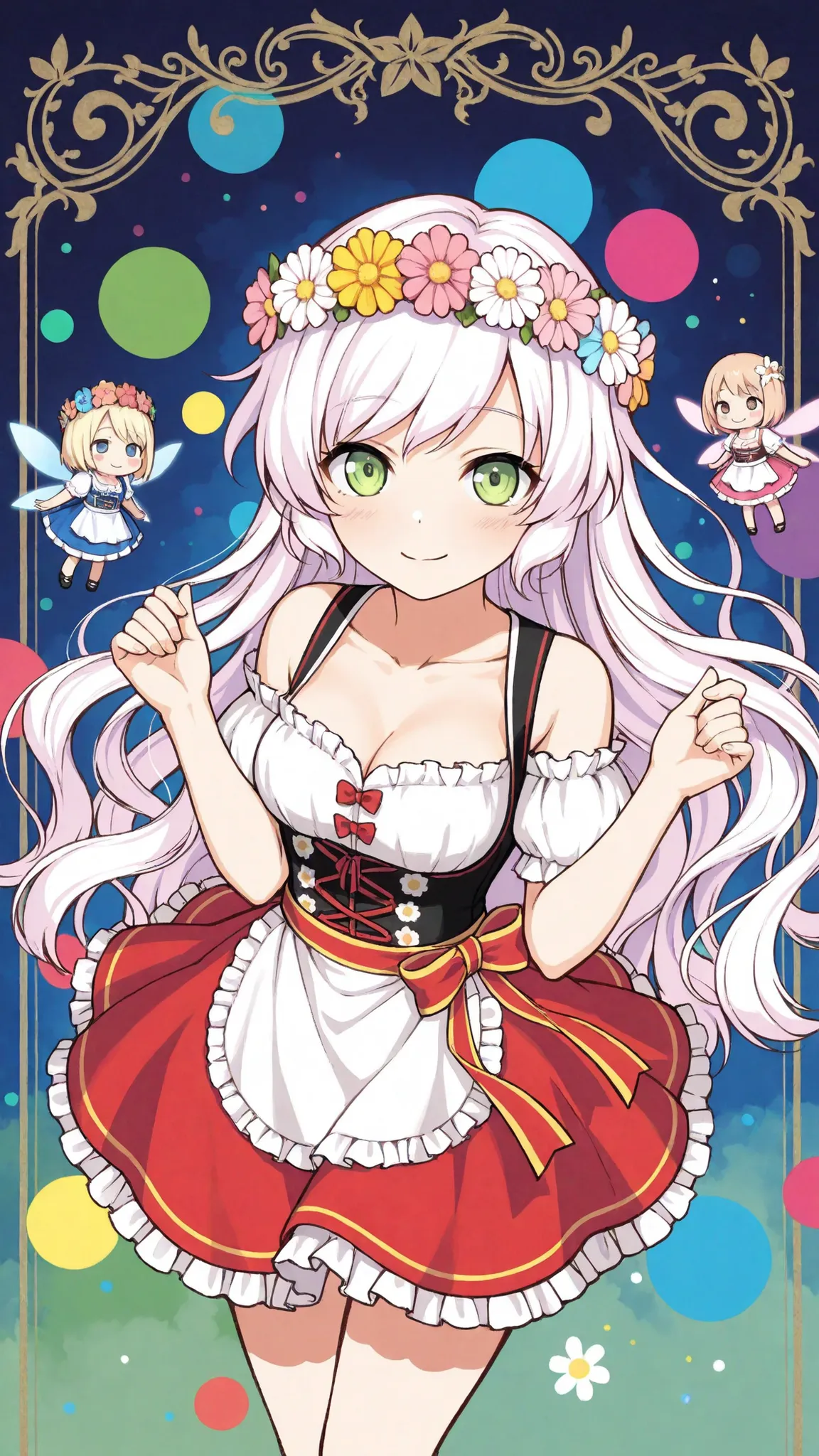 ultimate image quality, perfect depiction, cute dirndl, spring flower crown, innocent smile you'll love, fluffy atmosphere, colorful dots, fairy tale background, Yume cute