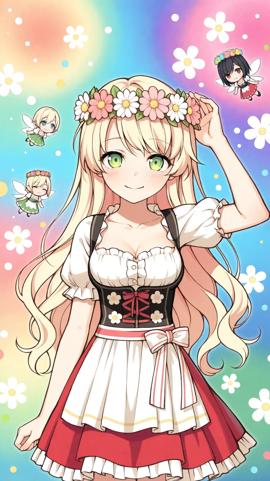 ultimate image quality, perfect depiction, cute dirndl, spring flower crown, innocent smile you'll love, fluffy atmosphere, colorful dots, fairy tale background, Yume cute