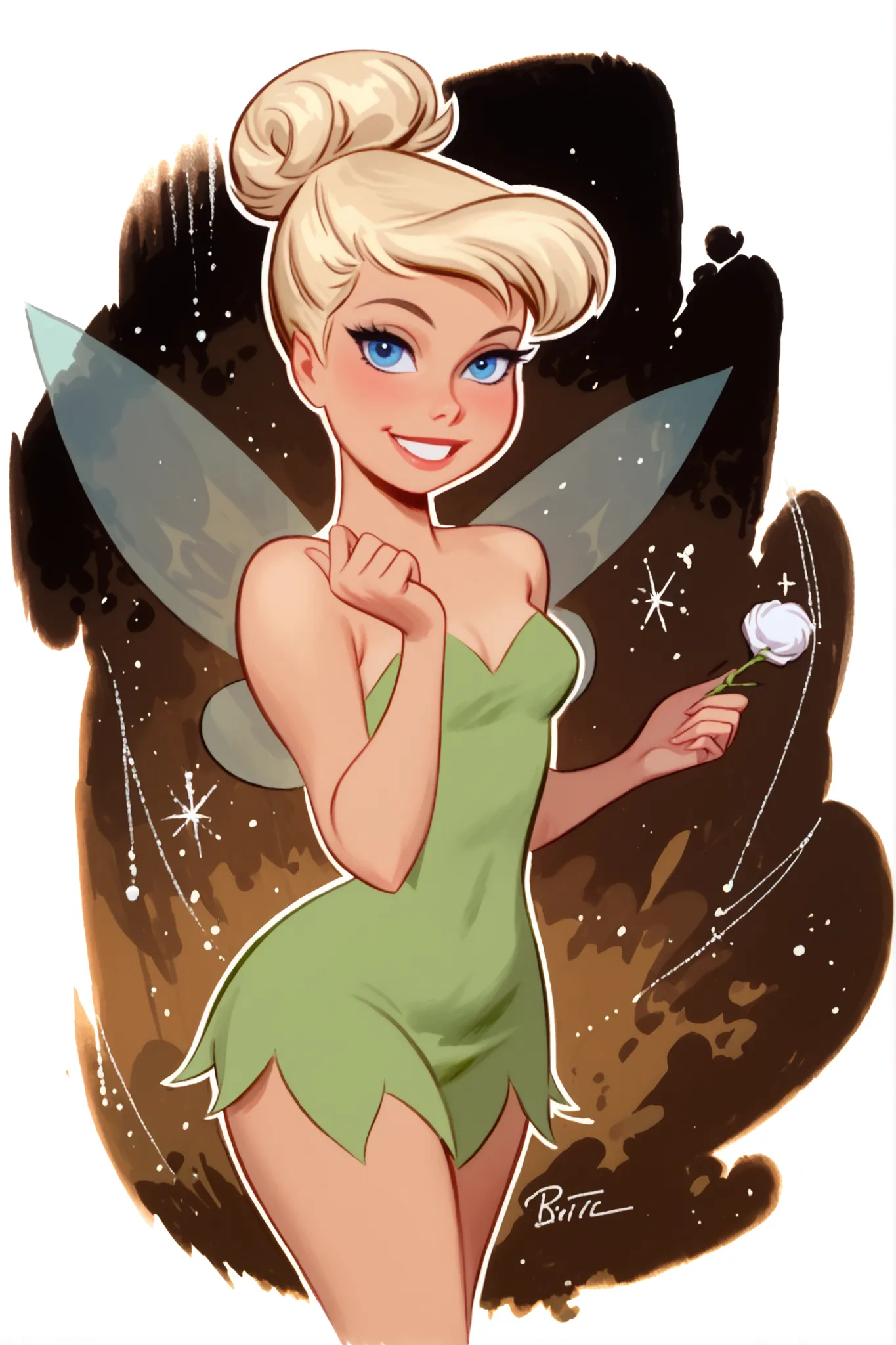 score_9, score_8_up, score_8, medium breasts, (curvy), cute, eyelashes,       BREAK, , TinkerWaifu, fairy wings, blue eyes, green dress, sexy, hair bun,   , BREAK, smile, looking at viewer,  abstract background, white outline, cowboy shot, embedding:zPDXL,...