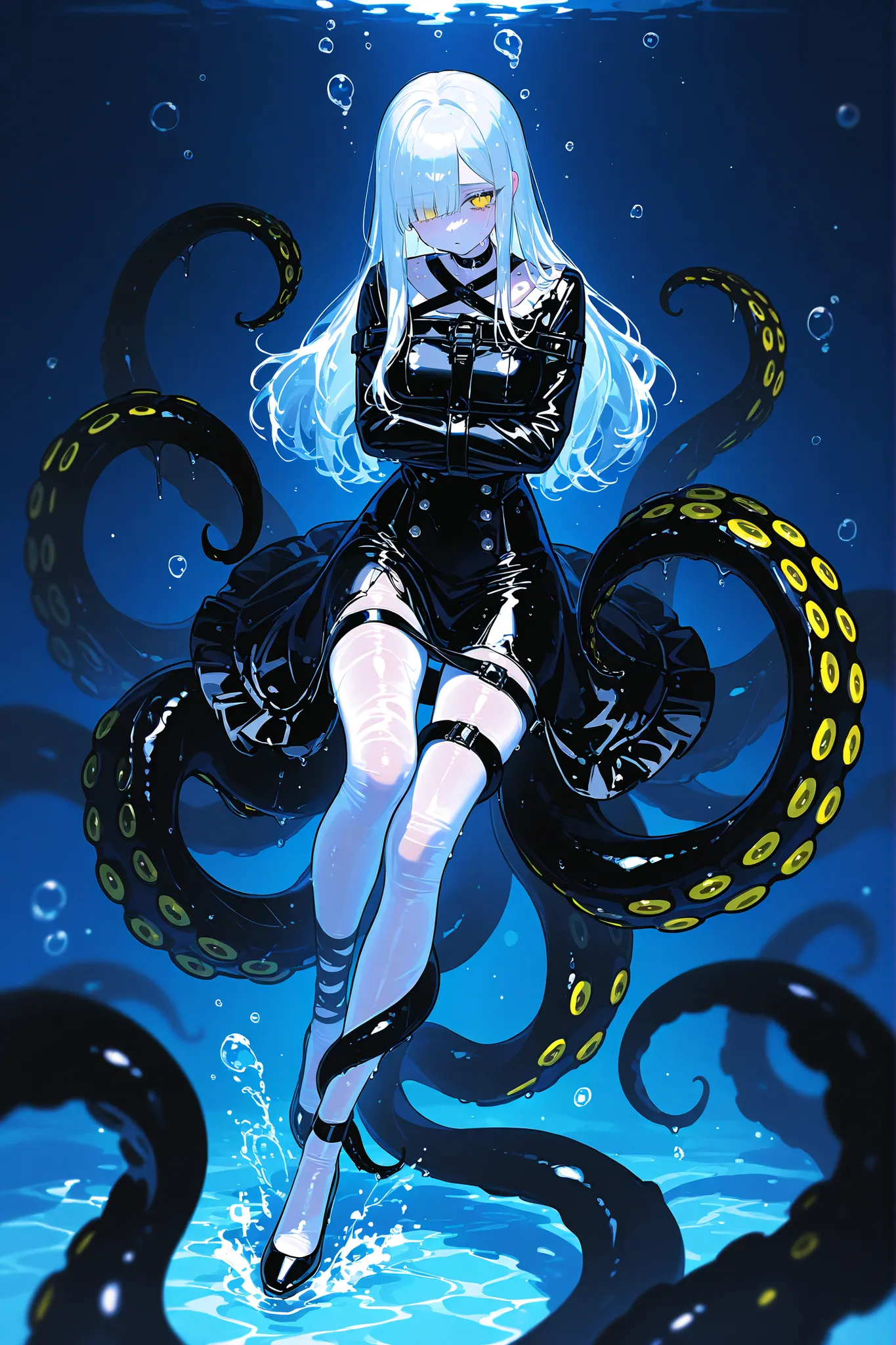 Monster girl octopus or a kraken. She has jet-black ,wet, glossy skin. she has a grills on her neck. She has four yellow eyes with a horizontal pupil. She has longest black tentacle hairstyle, tentacles of her bangs are wriggling in the water. She has a te...