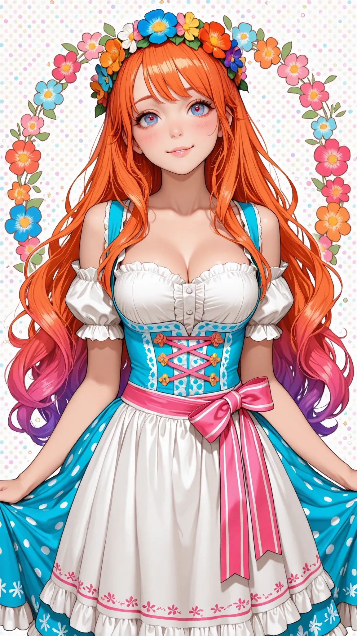 Ultra High Definition, Masterpiece, perfect detail, fairytale dirndl, colorful flower crown, has a charming expression, Fluffy ribbon, Polka Dots, fantastic background, candy color