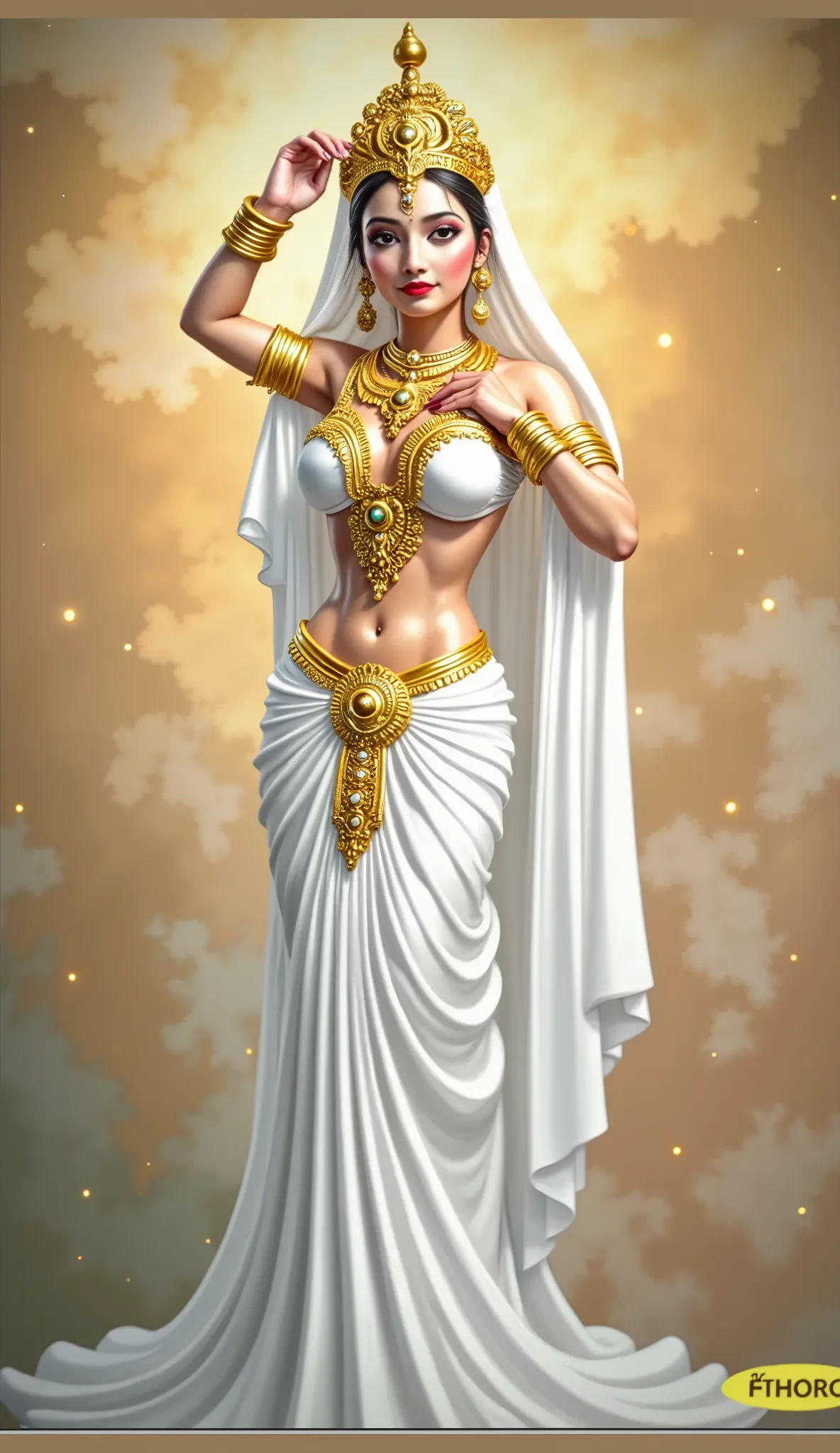 a painting of a woman in a white dress and gold jewelry, fit and parfect figure goddess. extremely high detail, goddess of Indian heaven, real goddess portrait, epic real oshun, tall and fit figure thin beautiful goddess, portrait of a beautiful goddess, b...