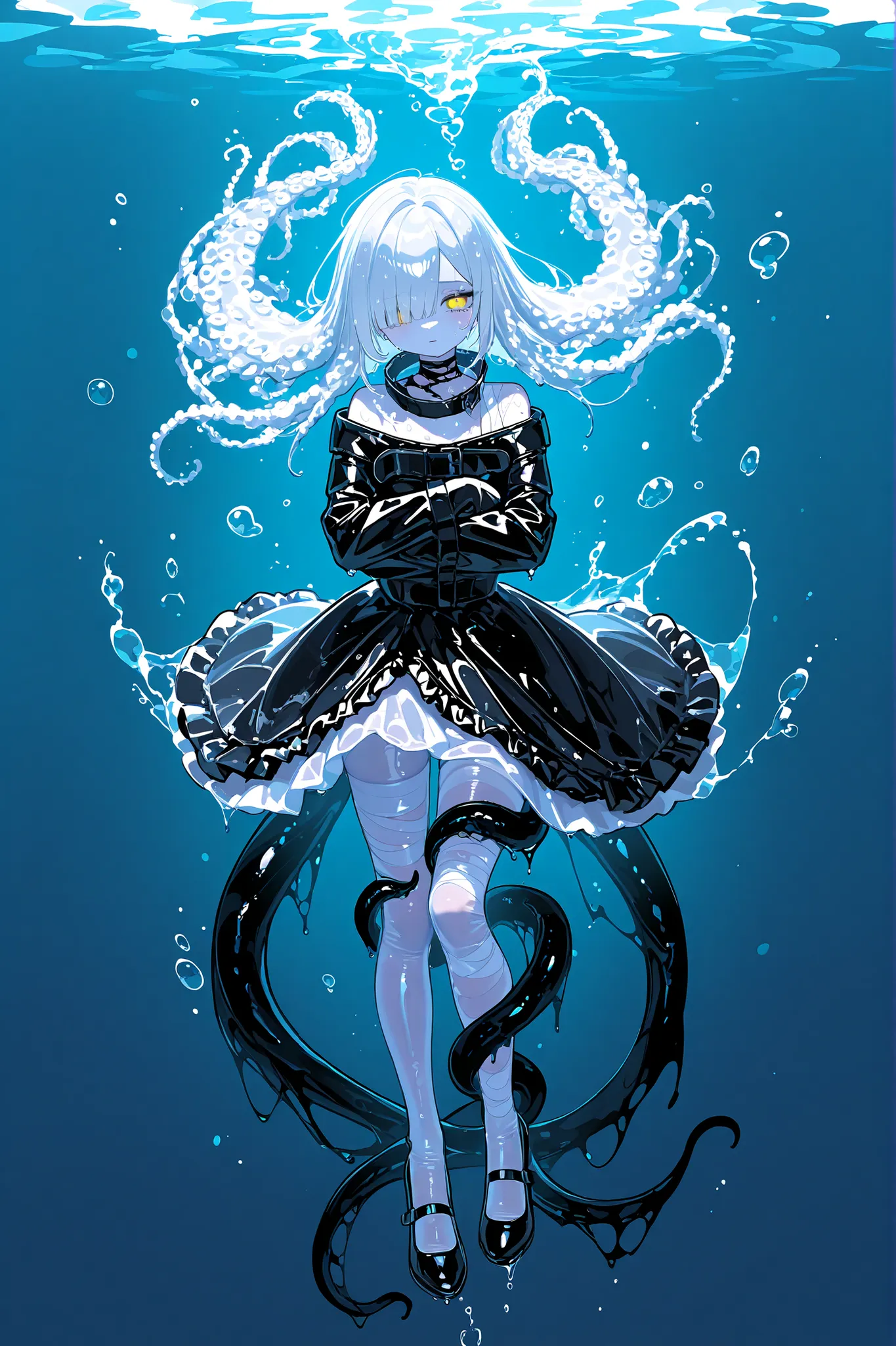 Monster girl octopus or a kraken. She has jet-black ,wet, glossy skin. she has a grills on her neck. She has four yellow eyes with a horizontal pupil. She has longest black tentacle hairstyle, tentacles of her bangs are wriggling in the water. She has a te...