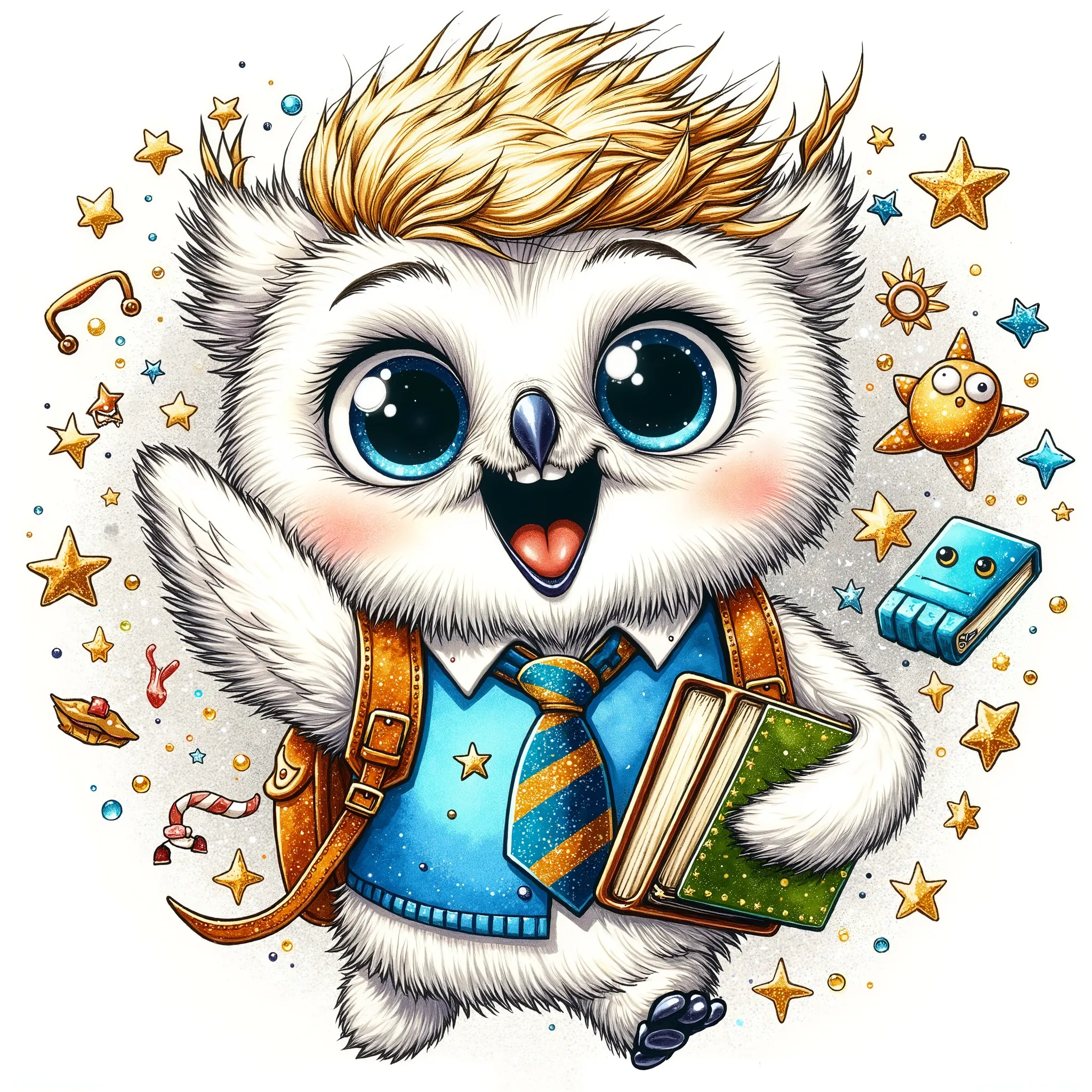 (extremally detailed hi-rez: 1.5) a quirky crazy happy expressive emotions by pixarand Zootopia,glossing vibrant vivid, color-metallicgoldlines-inkblacklines, watercolor with clear contours, single very cute flirtous 15years Hedwig white polar owlteenager ...