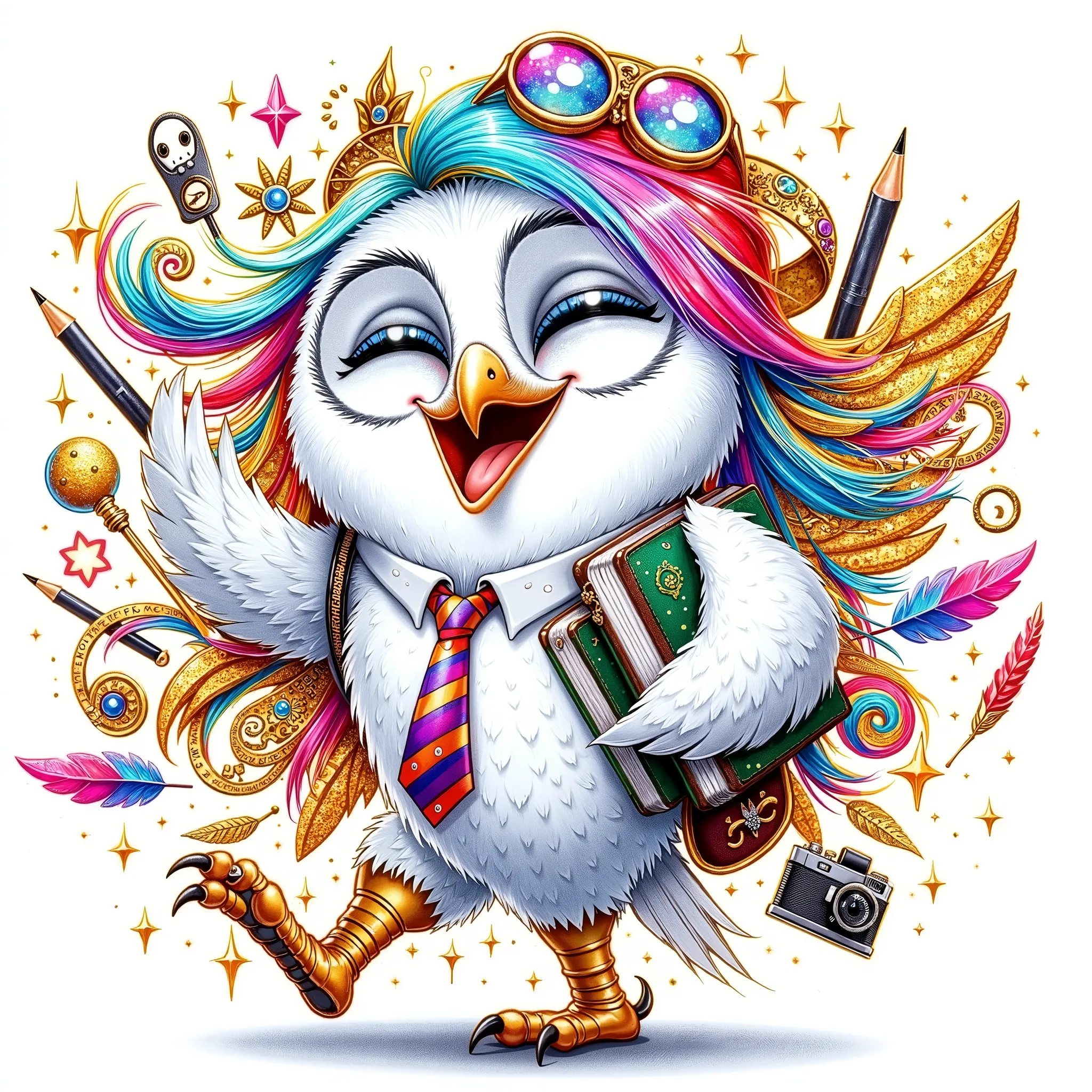 (extremally detailed hi-rez: 1.5) a quirky crazy happy expressive emotions by pixarand Zootopia,glossing vibrant vivid, color-metallicgoldlines-inkblacklines, watercolor with clear contours, single very cute flirtous 15years Hedwig white polar owlteenager ...