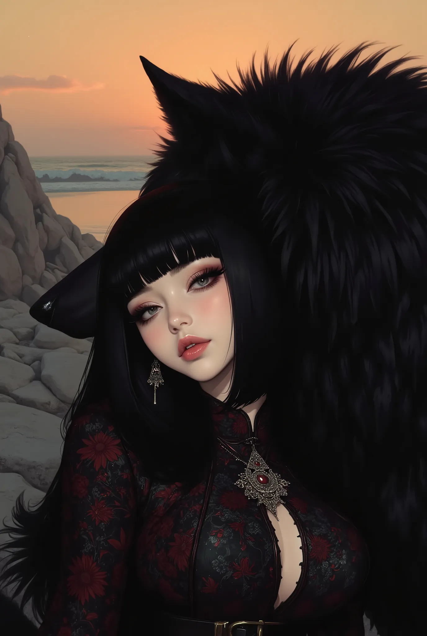 Oriental beauty with straight bangs, black hair, short bob, and a black wolf、The background is a rock surface with a beautiful sunrise