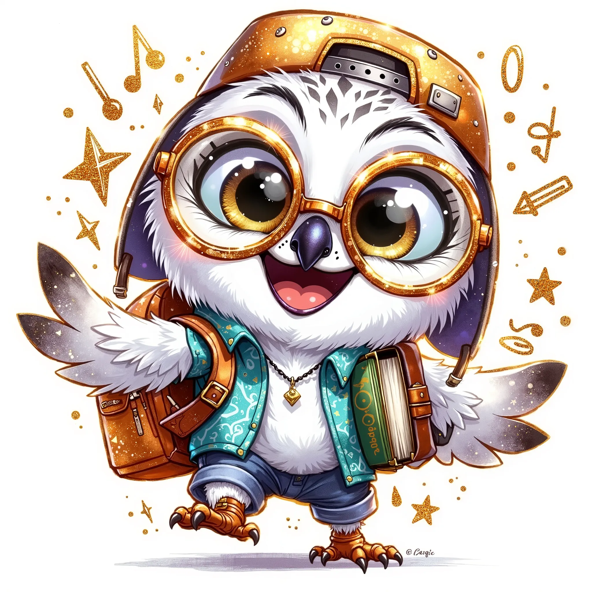 (extremally detailed hi-rez: 1.5) a quirky crazy happy expressive emotions by pixarand Zootopia,glossing vibrant vivid, color-metallicgoldlines-inkblacklines, watercolor with clear contours, single very cute flirtous 15years Hedwig white polar owlteenager ...
