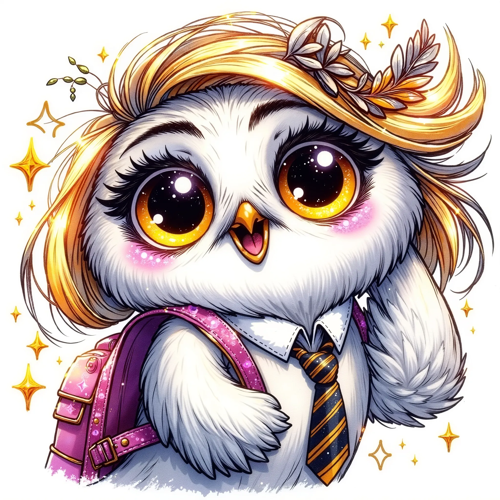 (extremally detailed hi-rez: 1.5) a quirky crazy happy expressive emotions by pixarand Zootopia,glossing vibrant vivid, color-metallicgoldlines-inkblacklines, watercolor with clear contours, single very cute flirtous 15years Hedwig white polar owlteenager ...