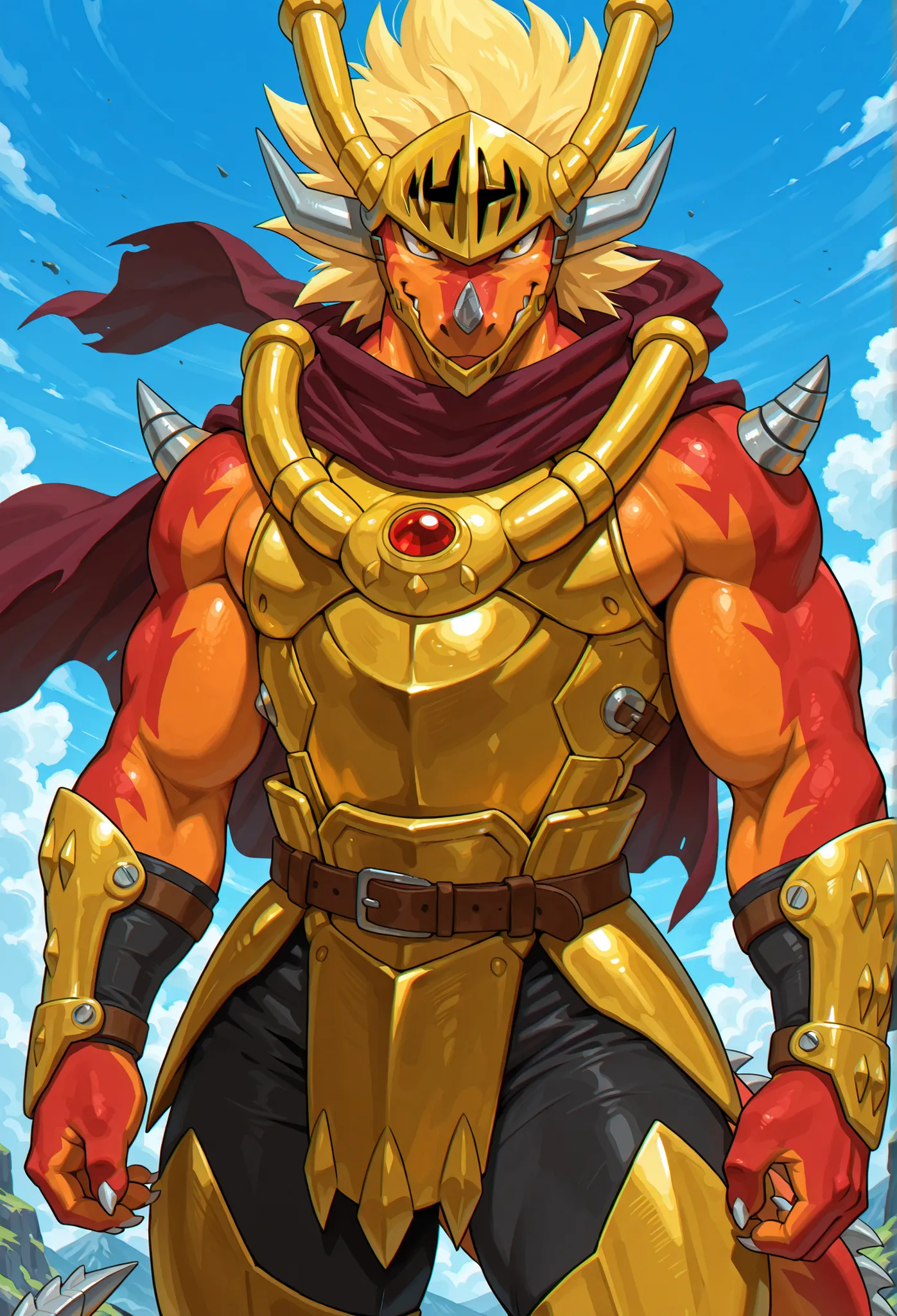 masterpiece, best quality, amazing quality, solo, 1boy, DBDragon, armor, cape, helmet, 
