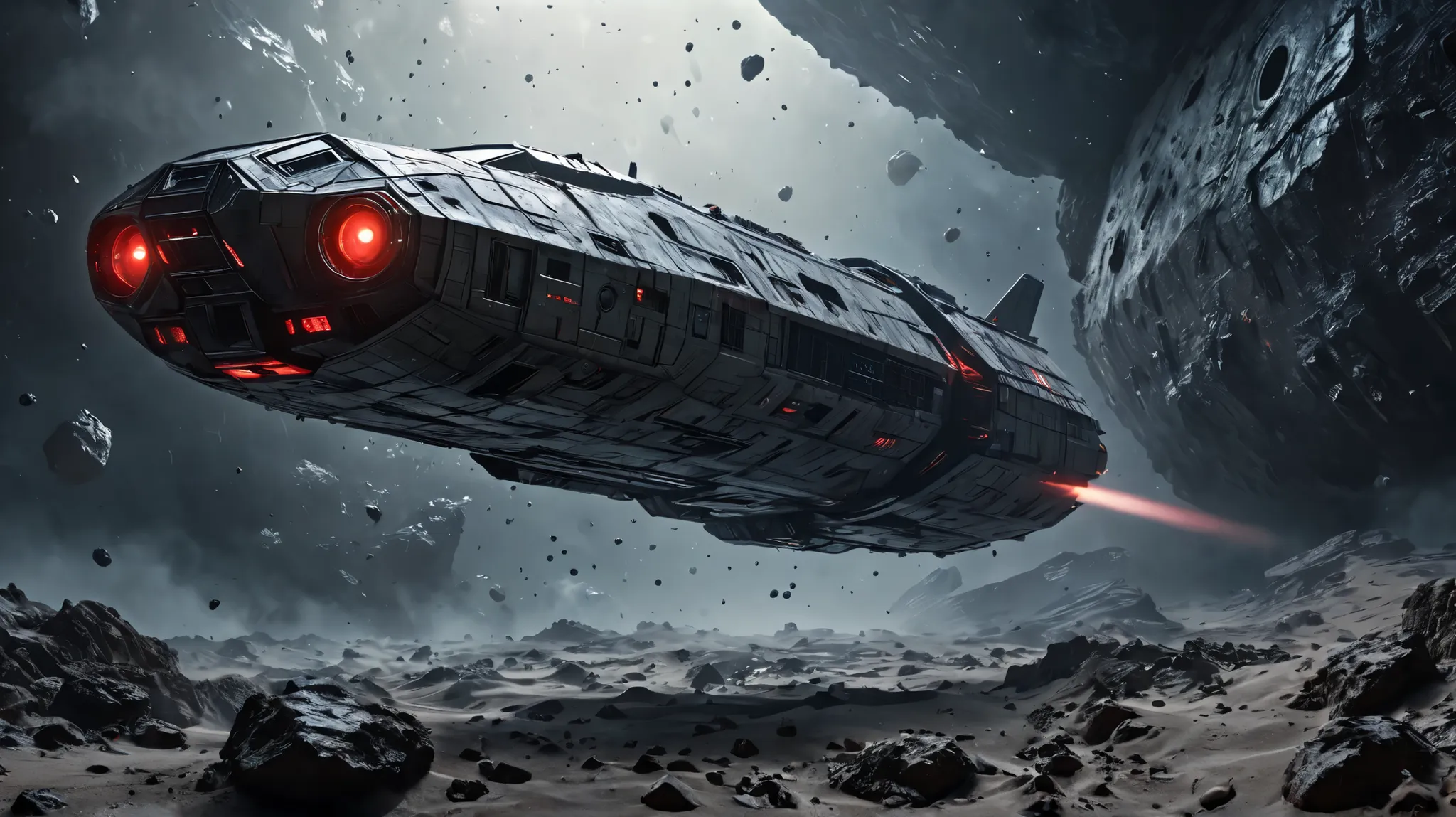 uncontrollable AI spacecraft, drifting through the asteroid field, eaten and shabby hull, glowing red eyes, visible in the darkened windows, cinematic lighting, cloudy atmosphere, , muted color palette, volumetric fog, realistic 3D rendering, complex mecha...