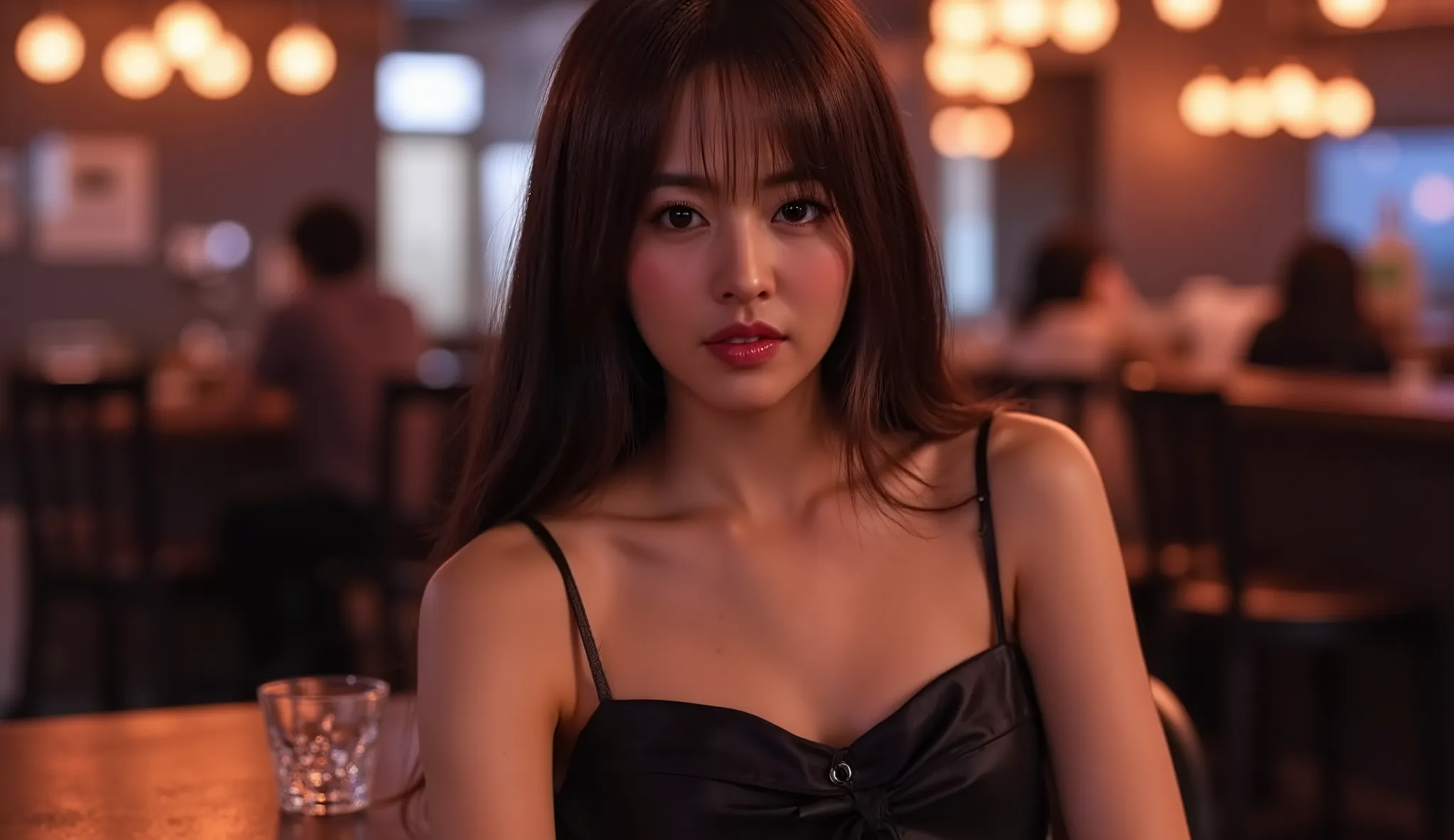 Female japanese hostess, her body is seductive make me want her so badly, perfect face, perfect eyes, perfect nose, perfect skin, perfect large perky breast, cleavage, flirty gaze, she had big and bounce breast or back,
