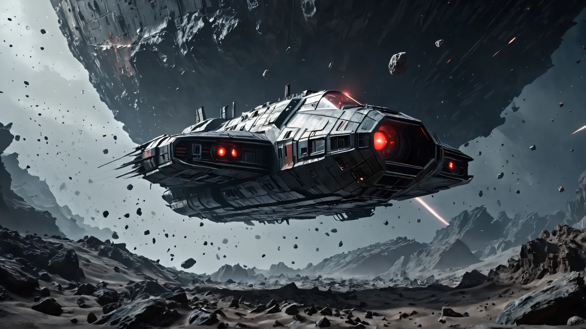 uncontrollable AI spacecraft, drifting through the asteroid field, eaten and shabby hull, glowing red eyes, visible in the darkened windows, cinematic lighting, cloudy atmosphere, , muted color palette, volumetric fog, realistic 3D rendering, complex mecha...