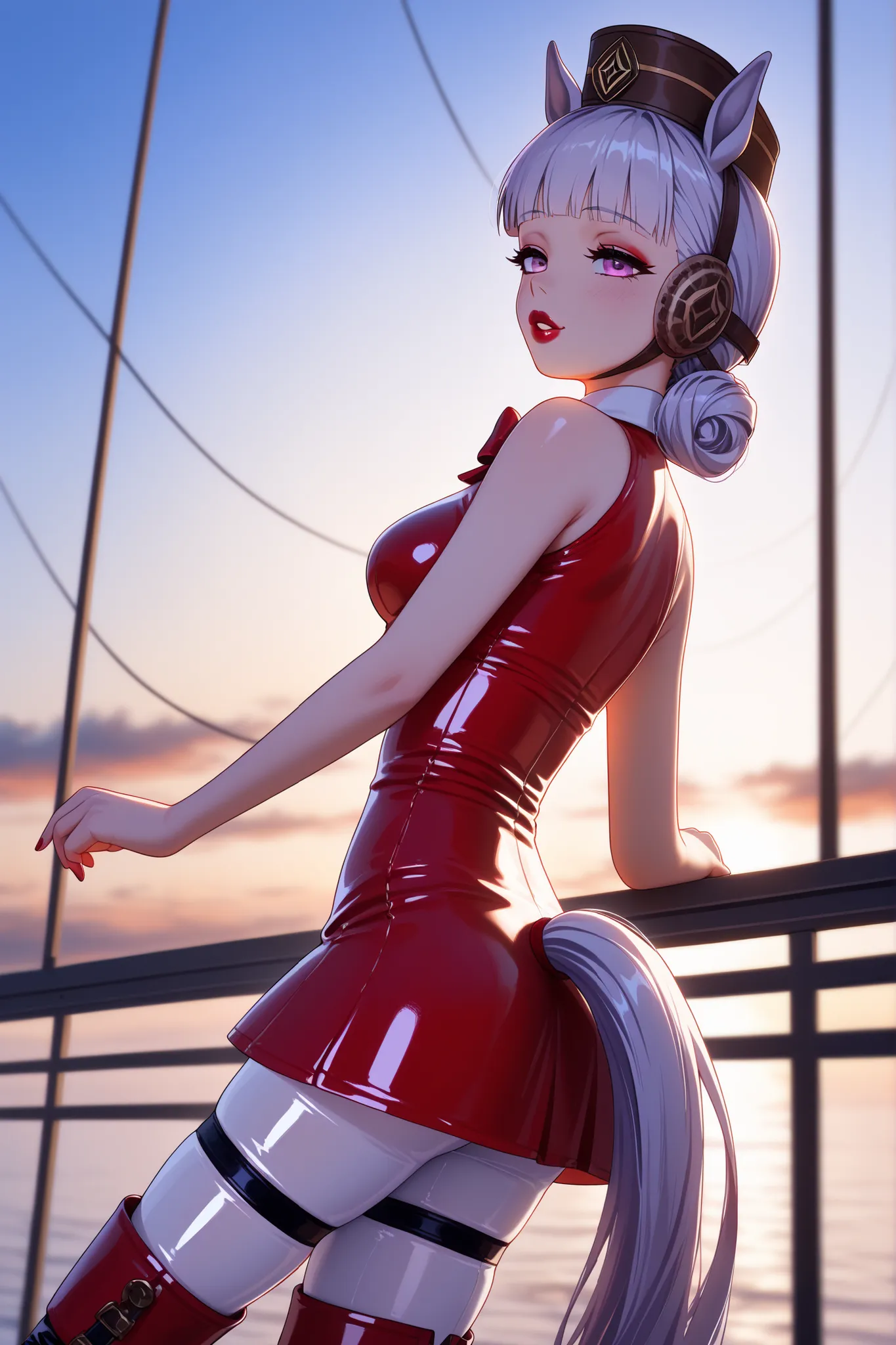 umpdgoldship, horse tail, latex pillbox hat, latex red dress, latex bow, sleeveless, latex white pantyhose, glossy latex boots, medium breasts, glossy skin, (gloss \(hotglossed\):1.5), back arched in pleasure, orgasm, masterpiece, best quality, amazing qua...