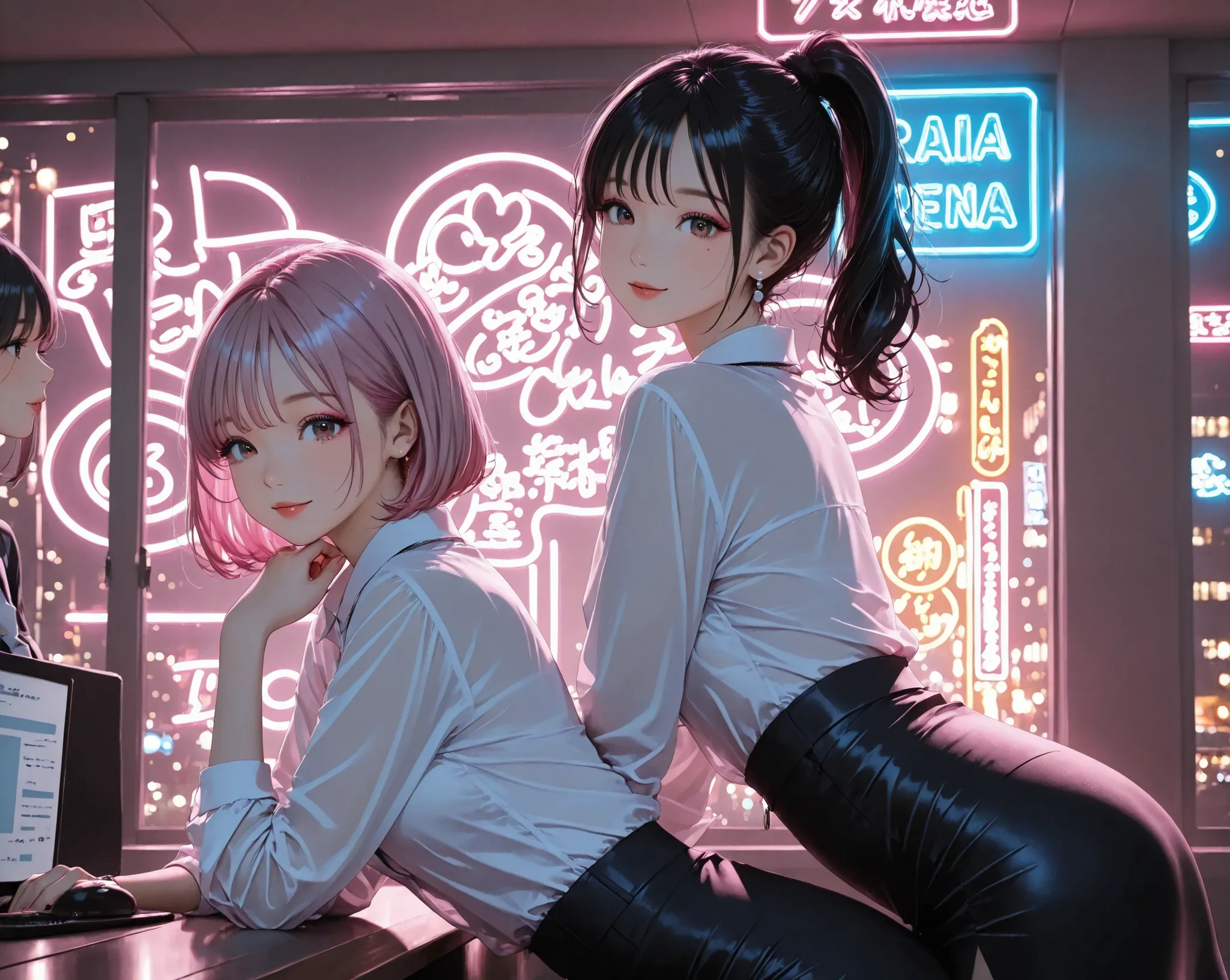 2girls,panorama,from side, Leaning Forward ,office lady,high ponytail,short bob hair,looking viewer,black hair,pink hair,((glamorous)),mini black skirt, clear makeup, Neon Lights