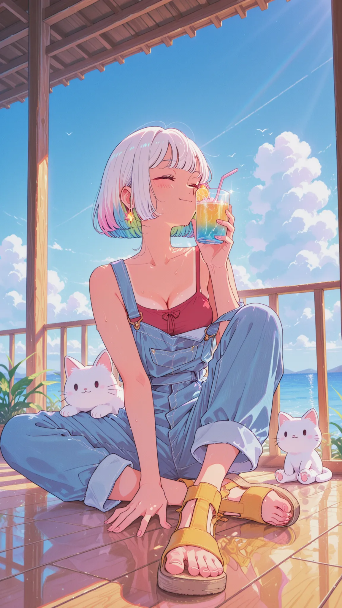 a cheerful anime girl with a sun-kissed tan and short white bob-cut hair, wearing a red ribbon on one side like a signature accessory, dressed in a casual retro outfit: pale blue overalls with one strap undone, a red tank top underneath, and yellow sandals...
