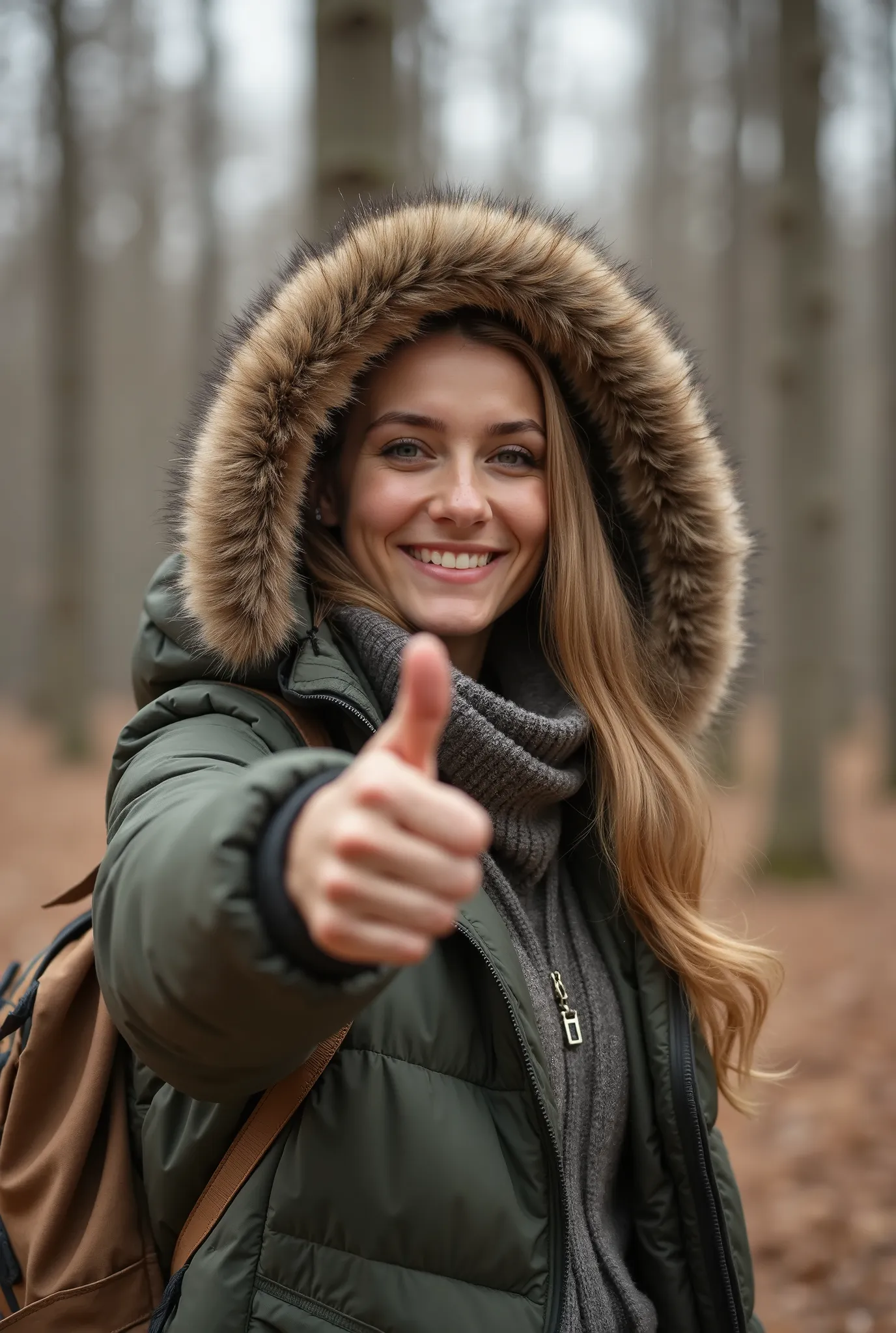 Hand, Прекрасная Милая Девушка Сидит за столиком outdoor посреди леса с чашкой кофе и Показывает Привет, with a smile on his face, masterpiece, high detail, clearly, complex details, realistically, outdoor,