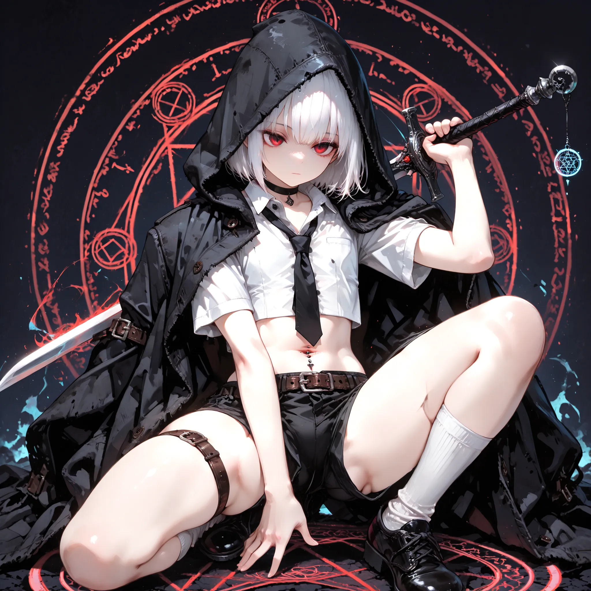 ((best quality)), ((masterpieces)), (detailed), perfect face, SOLO, ((((femboy)))), tomgirl, ANIME, beautiful detailed eyes, BOB hair, BOBed hair, white hair, RED EYES, expressionless, hooded, Magical Eyes, dark background, ((BLACK HOODED coat draped over ...