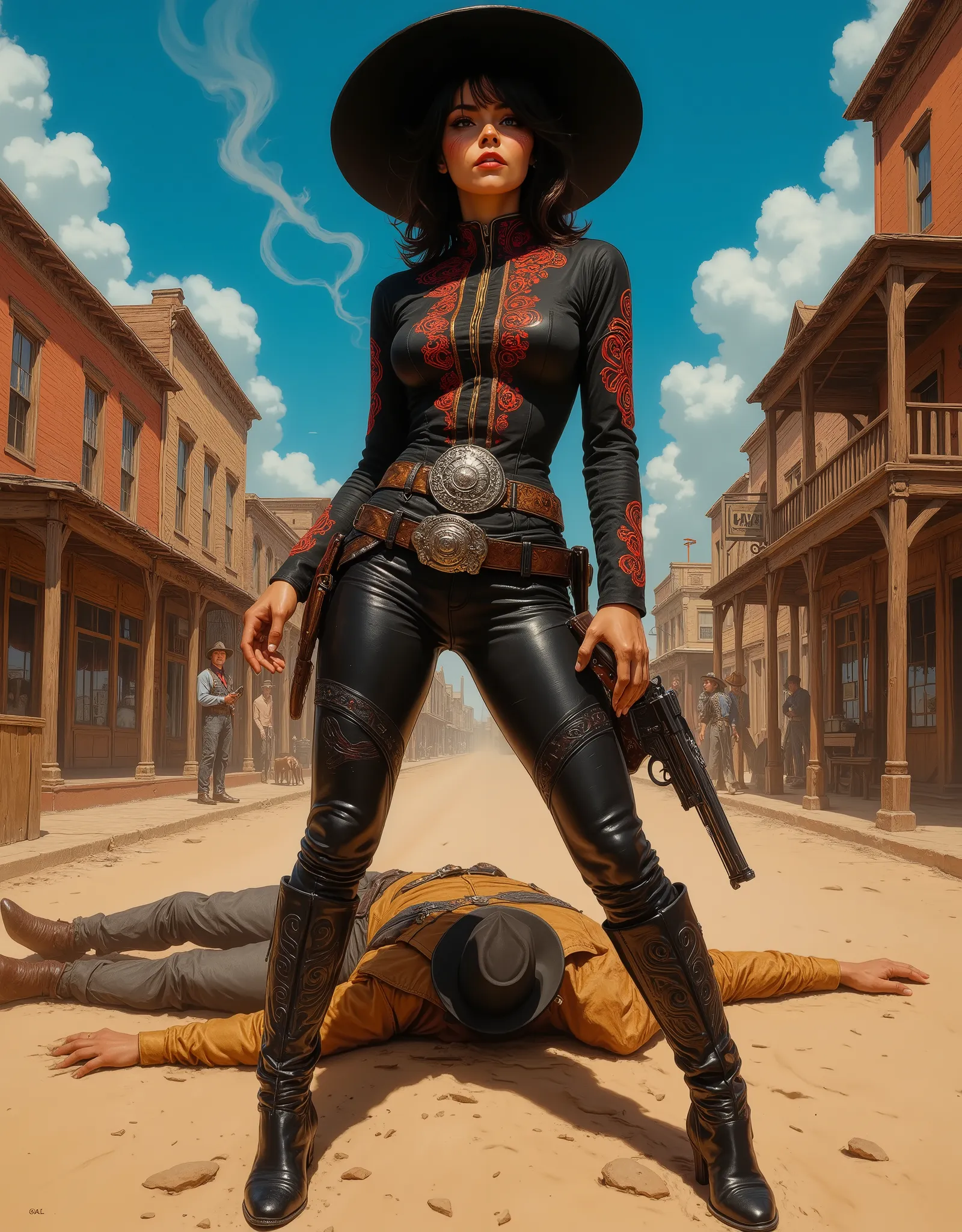 Depict a bold Spanish "pistolera" standing triumphantly in the dusty main street of old Laredo or El Paso at high noon. She wears a striking black outfit that fuses traditional Mexican attire with Texas cowgirl style: a fitted, long-sleeved blouse adorned ...