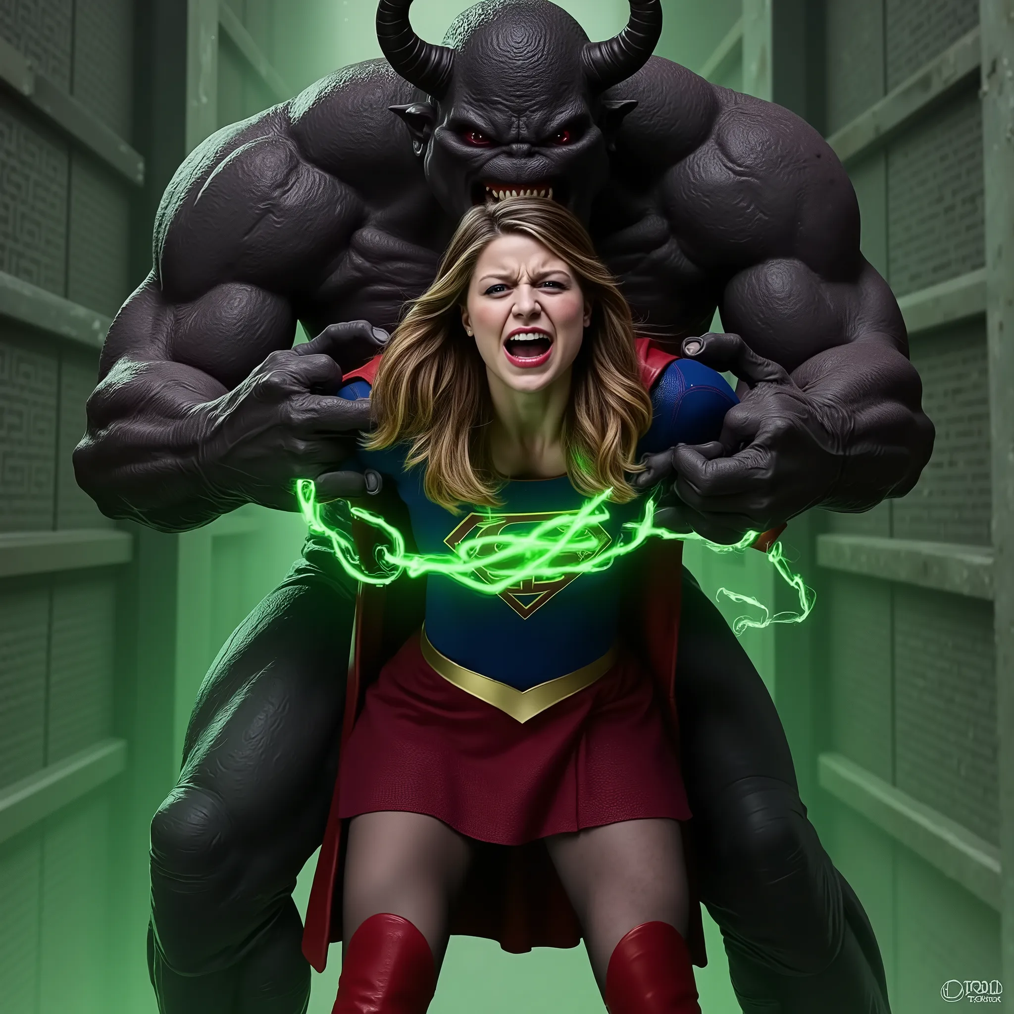 Melissa Benoist as Supergirl, fighting with a strong fierce devils, she is screaming in pain, painful face, screaming and shouting in pain, her arms tied behind her back, green lighting chain bonded around her neck, she is wearing a Supergirl costume, blue...