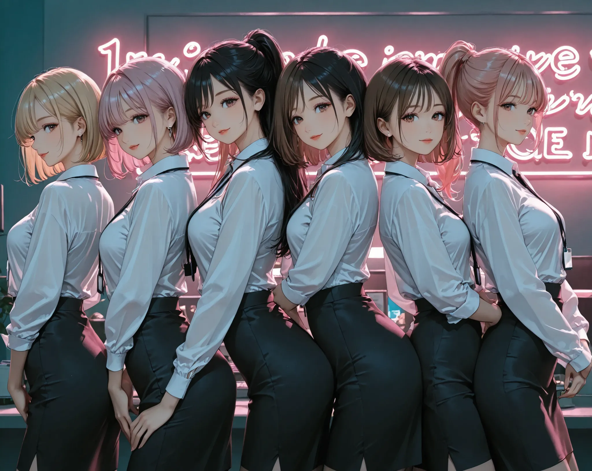 4girls,((arched back)),side view,office lady,long hair ,high ponytail,short bob hair,looking viewer,blond hair,pink hair, black skirt, clear makeup, Neon Lights