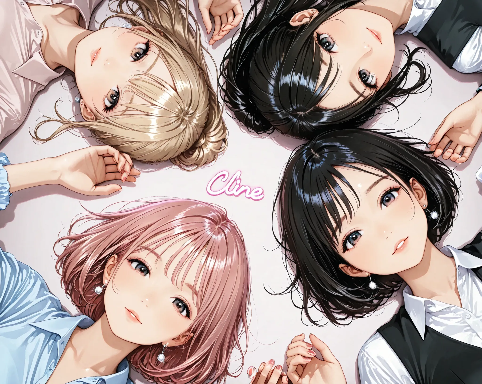 3girls,(overhead shot),close-up ,((girl line up)),Lying Down ,office lady,hold hand ,long hair,high ponytail,short bob hair,looking viewer,blond hair,black Hair,pink hair,((glamorous)), clear makeup,neon light